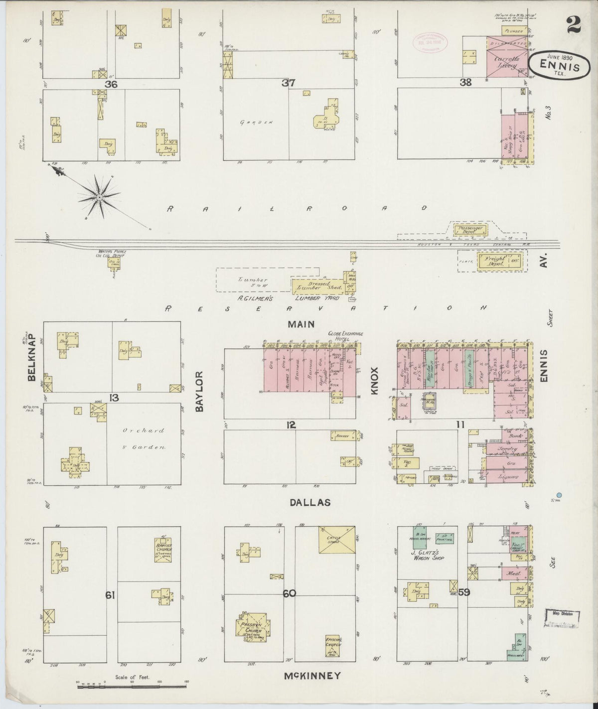 Sanborn Fire Insurance Map from Ennis, Ellis County, Texas (1890), Sheet #0002 - Complete Map Set gallery image, historic Sanborn map, vintage wall art, Texas Texas