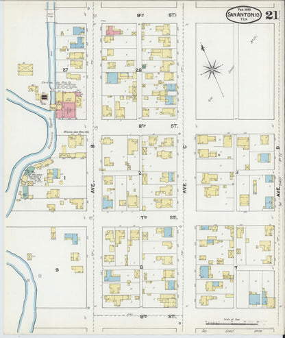 Sanborn Fire Insurance Map from San Antonio, Bexar County, Texas (1892), Sheet #0021 - Historic Sanborn Fire Insurance Map Print, vintage old map wall art, antique decor, genealogy gift, Texas Texas map