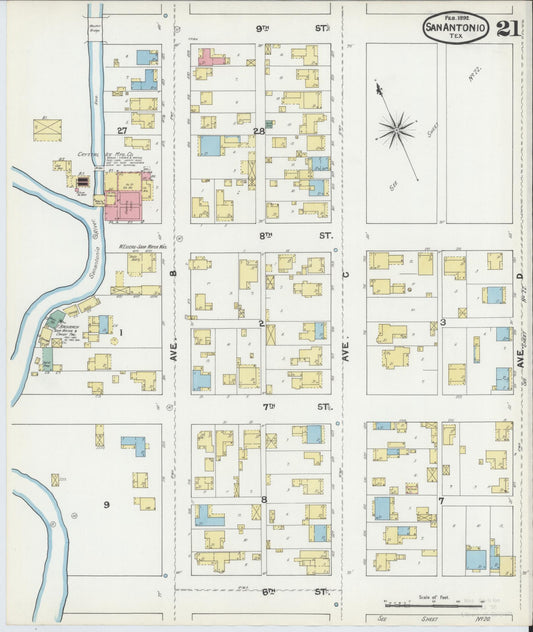 Sanborn Fire Insurance Map from San Antonio, Bexar County, Texas (1892), Sheet #0021 - Historic Sanborn Fire Insurance Map Print, vintage old map wall art, antique decor, genealogy gift, Texas Texas map