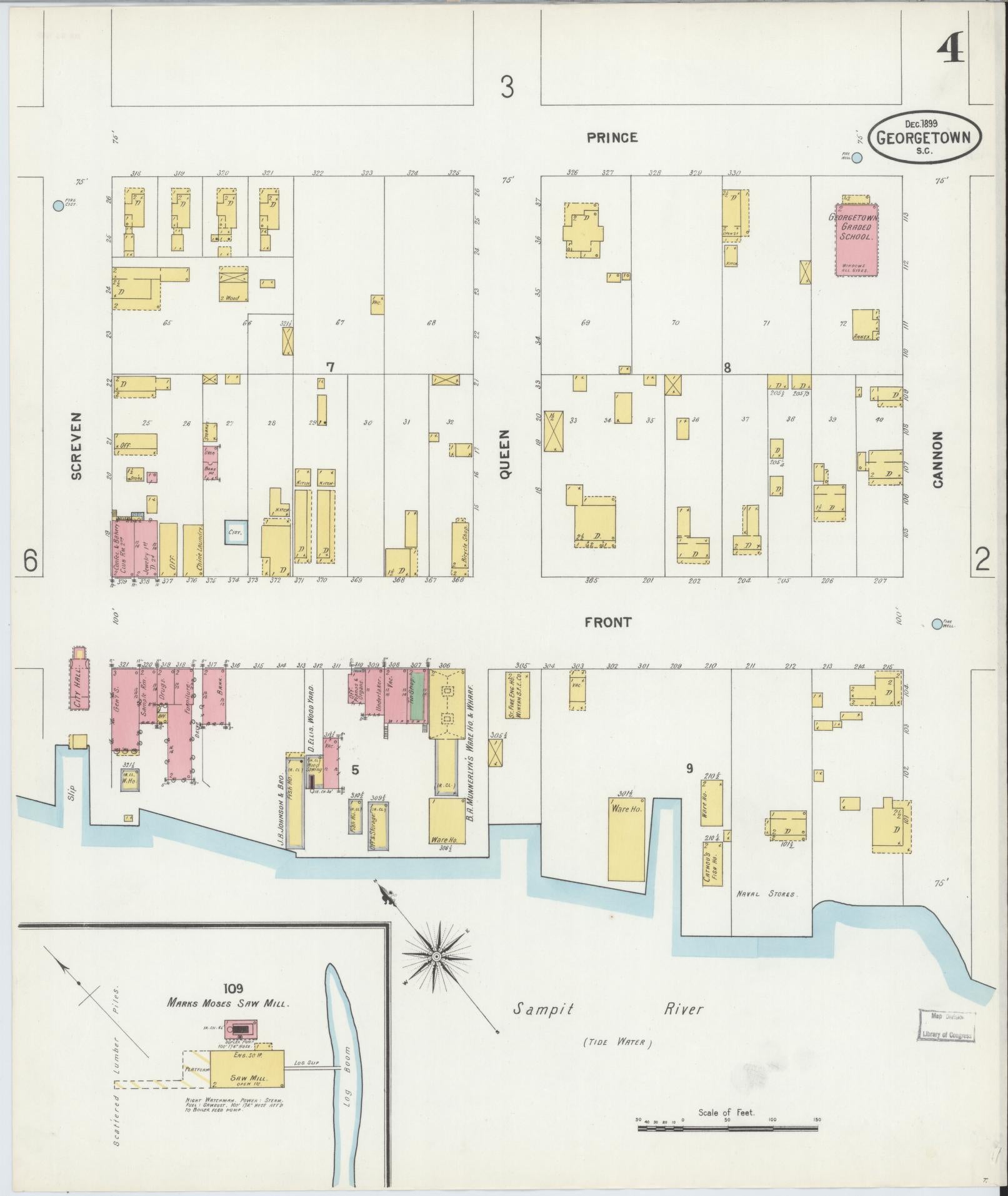 Sanborn Fire Insurance Map from Georgetown, Georgetown County, South Carolina (1899), Sheet #0004 - Complete Map Set gallery image, historic Sanborn map, vintage wall art, South Carolina South Carolina