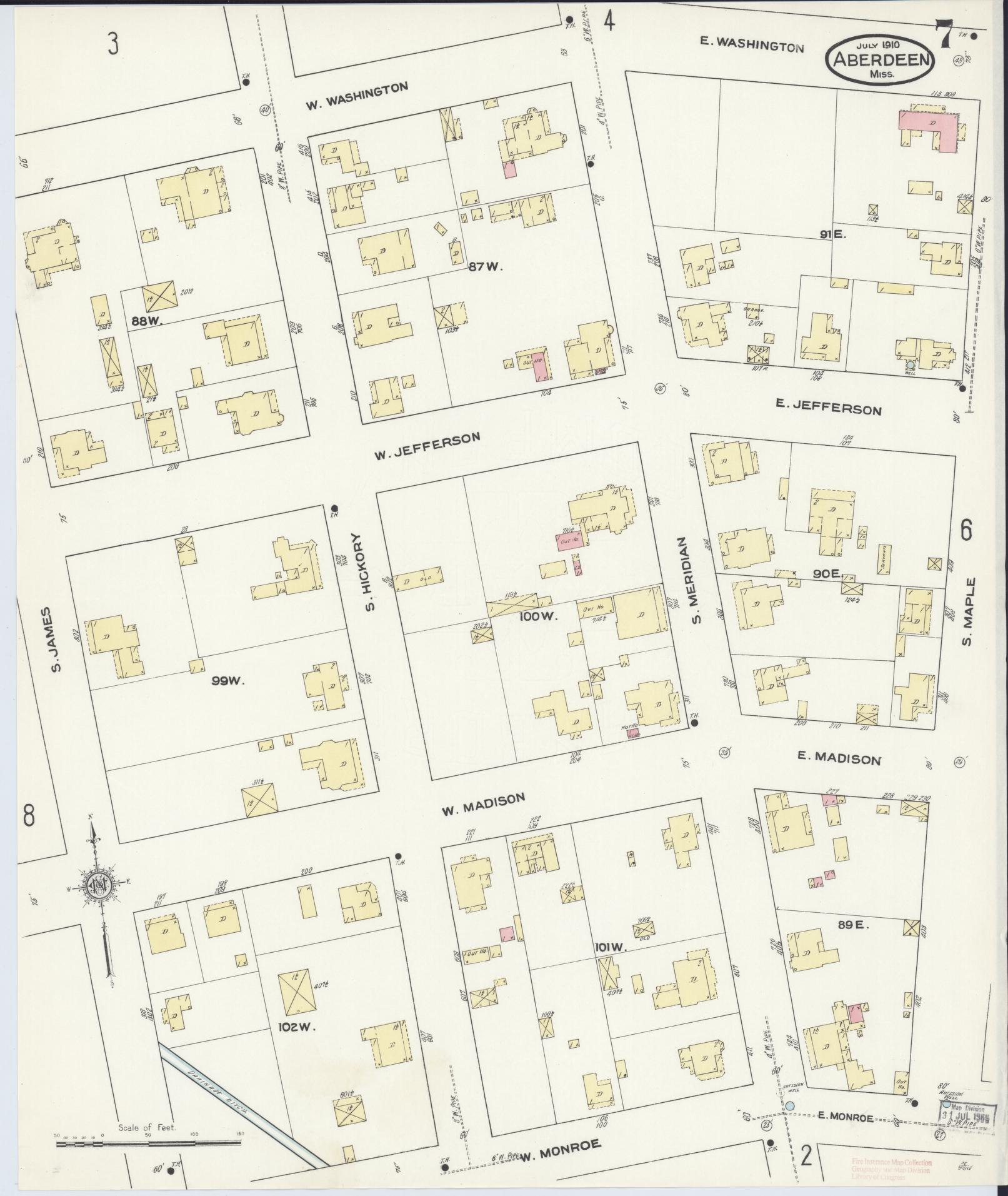 Sanborn Fire Insurance Map from Aberdeen, Monroe County, Mississippi (1910), Sheet #0007 - Complete Map Set gallery image, historic Sanborn map, vintage wall art, Mississippi Mississippi