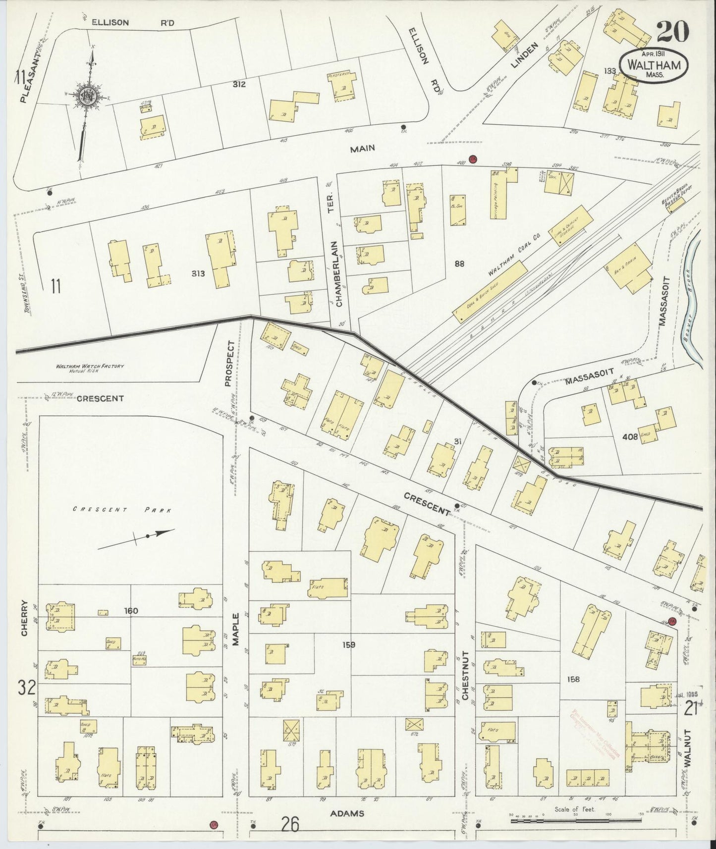 Sanborn Fire Insurance Map from Waltham, Middlesex County, Massachusetts (1911), Sheet #0020 - Complete Map Set gallery image, historic Sanborn map, vintage wall art, Massachusetts Massachusetts