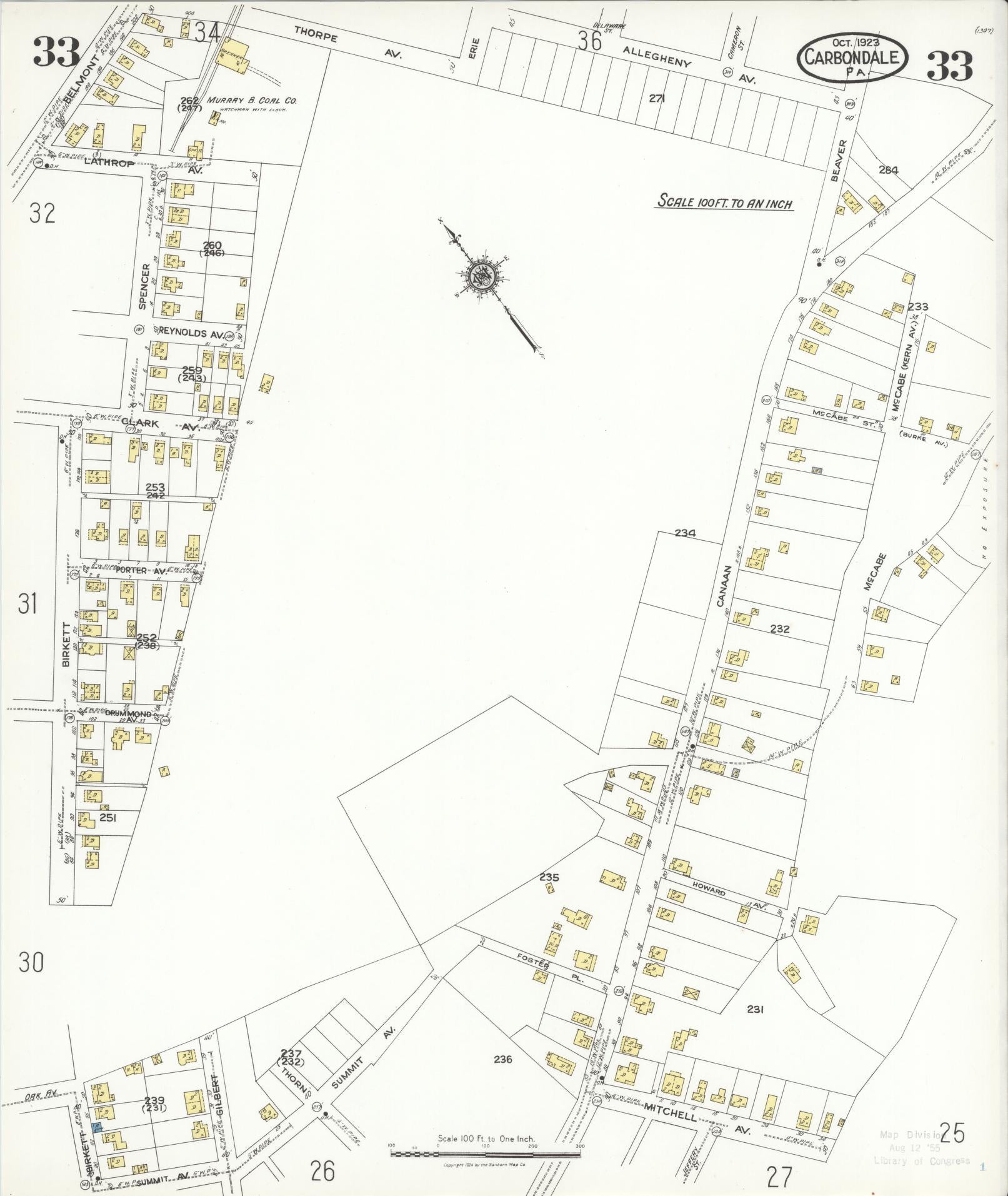 Sanborn Fire Insurance Map from Carbondale, Lackawanna County, Pennsylvania (1923), Sheet #0033 - Historic Sanborn Fire Insurance Map Print, vintage old map wall art, antique decor, genealogy gift, Pennsylvania Pennsylvania map