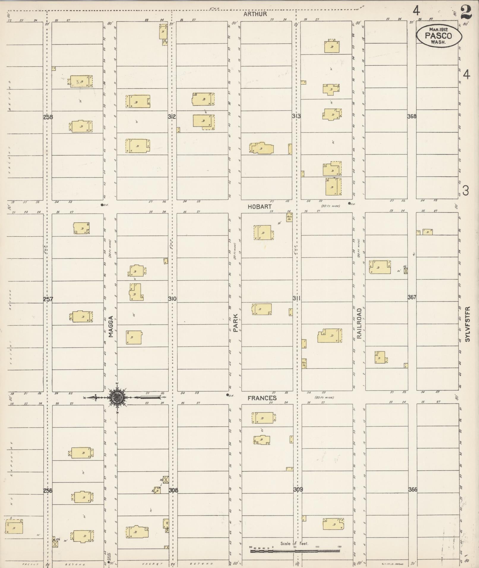 Sanborn Fire Insurance Map from Pasco, Franklin County, Washington (1912), Sheet #0002 - Historic Sanborn Fire Insurance Map Print, vintage old map wall art, antique decor, genealogy gift, Washington Washington map