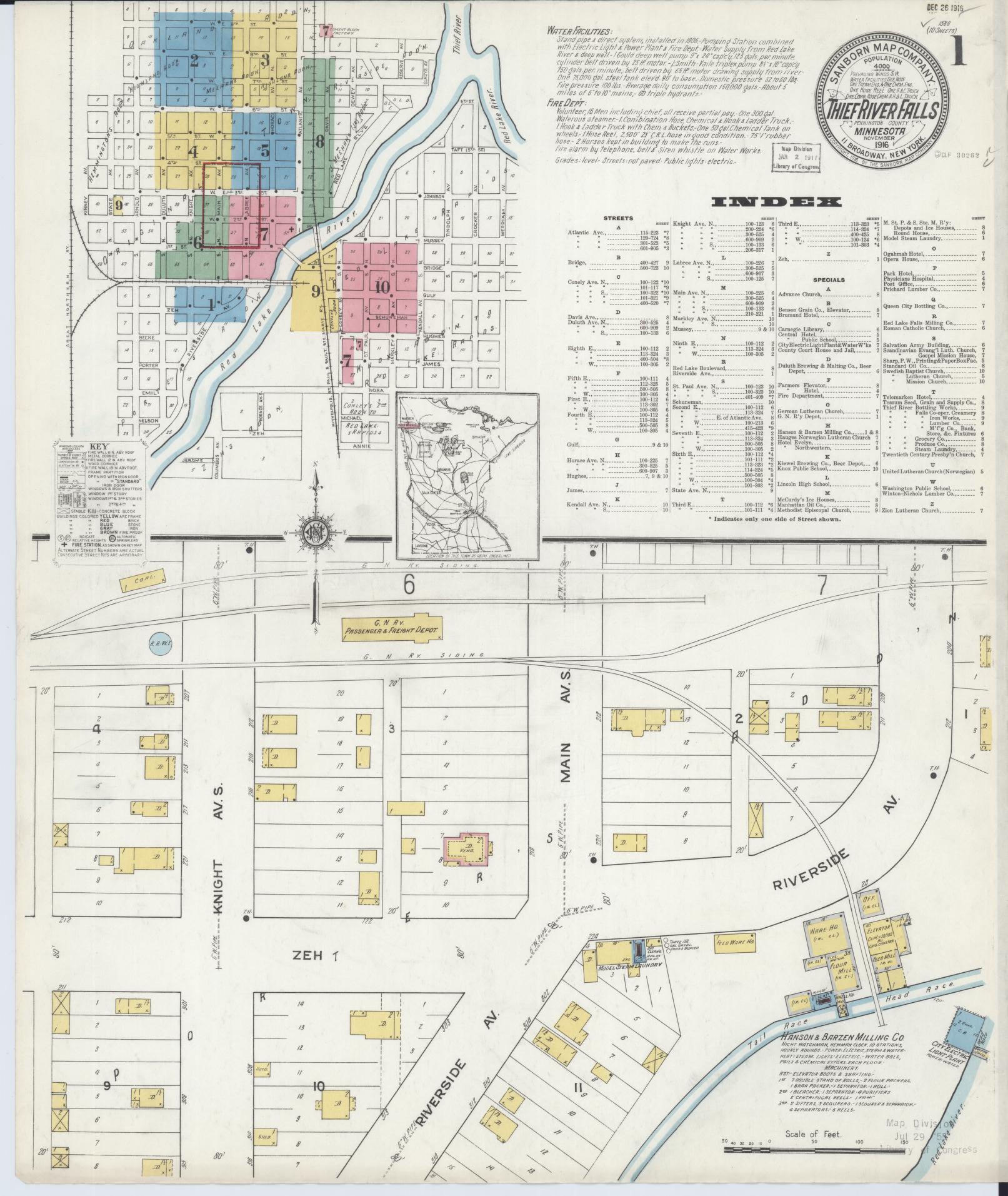 Sanborn Fire Insurance Map from Thief River Falls, Pennington County, Minnesota (1916), Sheet #0001 - Historic Sanborn Fire Insurance Map Print, vintage old map wall art, antique decor, genealogy gift, Minnesota Minnesota map