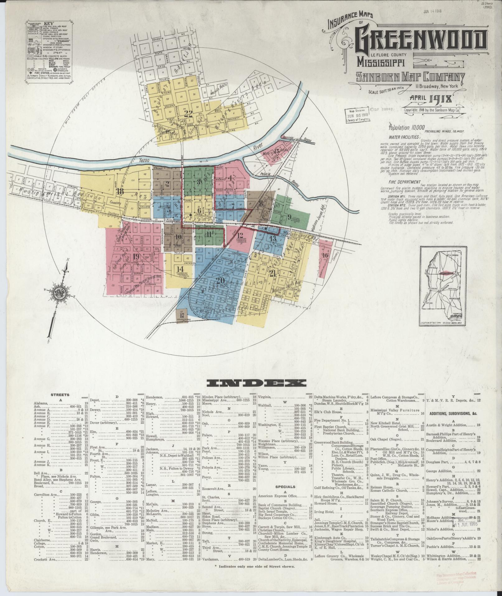 Sanborn Fire Insurance Map from Greenwood, Leflore County, Mississippi (1918), Sheet #0001 - Historic Sanborn Fire Insurance Map Print, vintage old map wall art, antique decor, genealogy gift, Mississippi Mississippi map