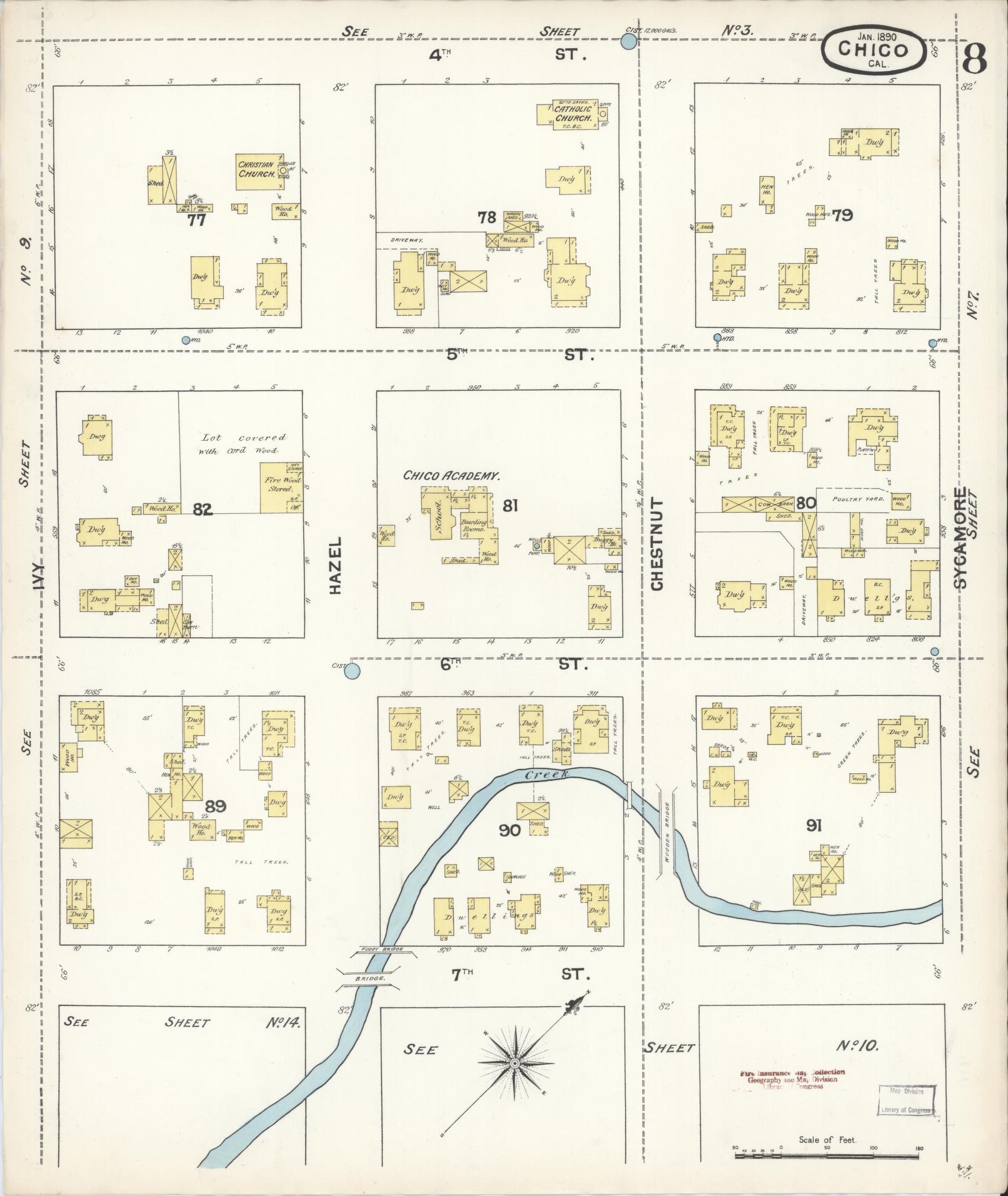 Sanborn Fire Insurance Map from Chico, Butte County, California (1890), Sheet #0008 - Historic Sanborn Fire Insurance Map Print, vintage old map wall art, antique decor, genealogy gift, California California map