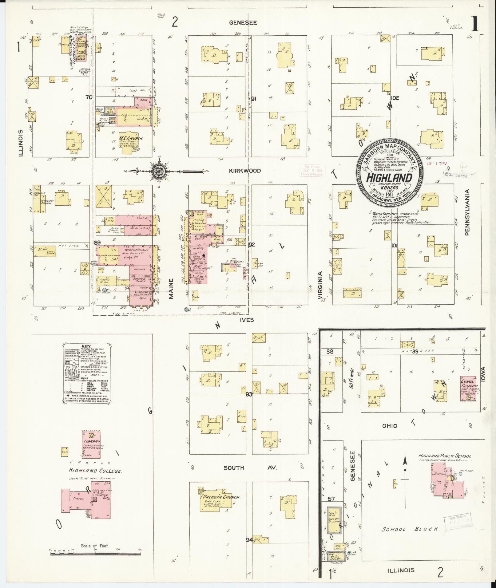 Sanborn Fire Insurance Map from Highland, Doniphan County, Kansas (1911), Sheet #0001 - Complete Map Set gallery image, historic Sanborn map, vintage wall art, Kansas Kansas