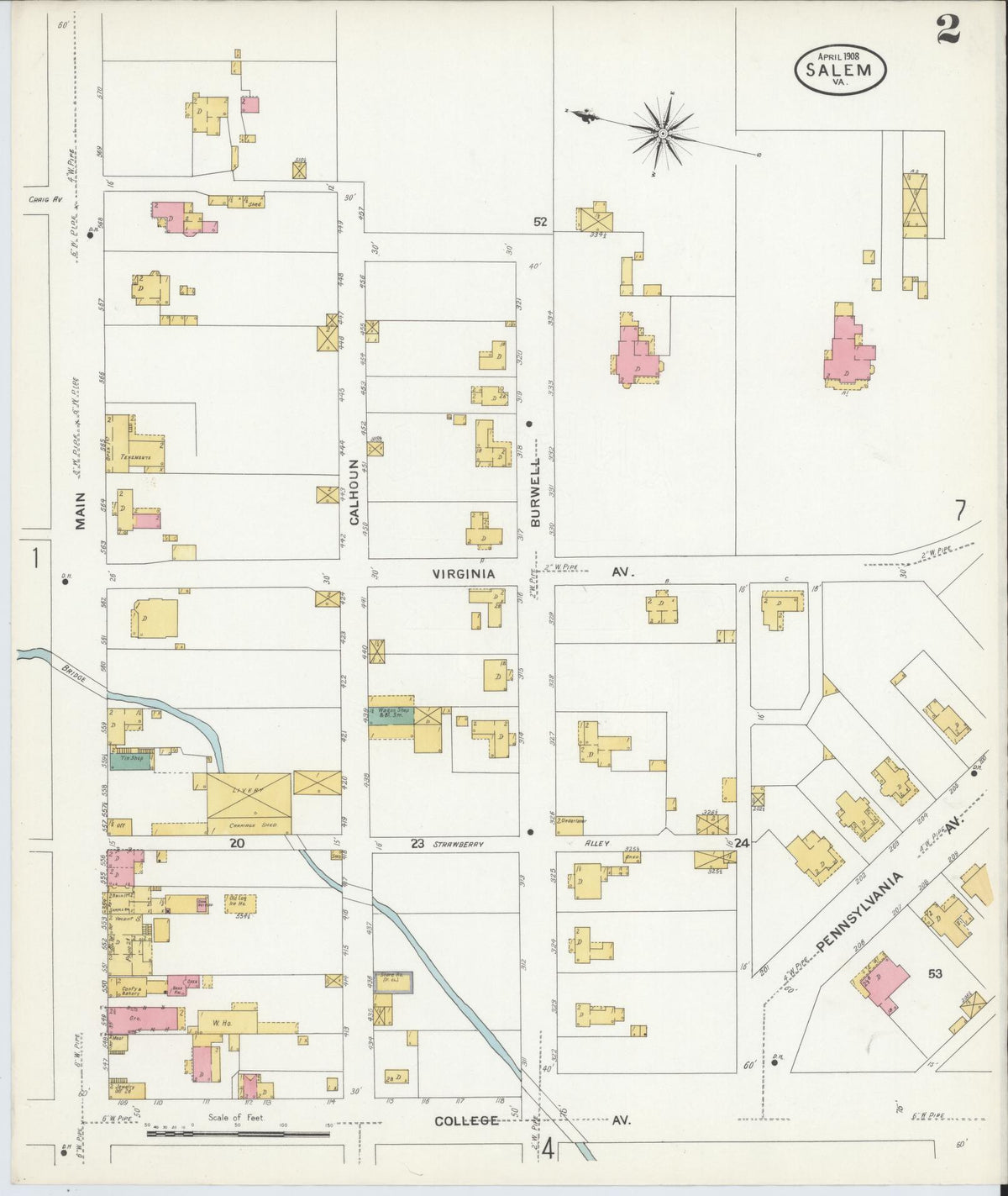 Sanborn Fire Insurance Map from Salem, Independent Cities, Virginia (1908), Sheet #0002 - Complete Map Set gallery image, historic Sanborn map, vintage wall art, Virginia Virginia