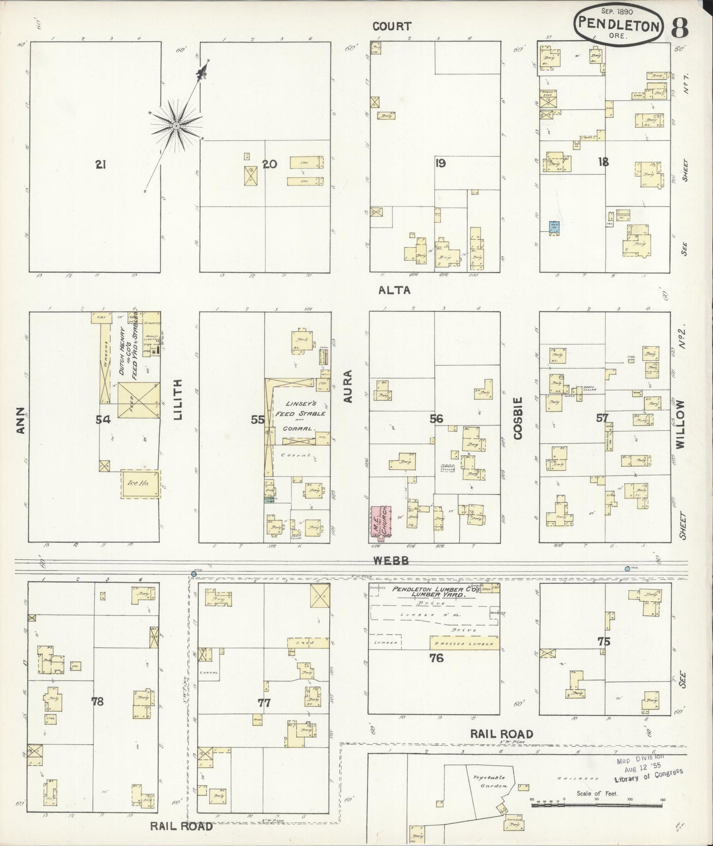 Sanborn Fire Insurance Map from Pendleton, Umatilla County, Oregon (1890), Sheet #0008 - Complete Map Set gallery image, historic Sanborn map, vintage wall art, Oregon Oregon