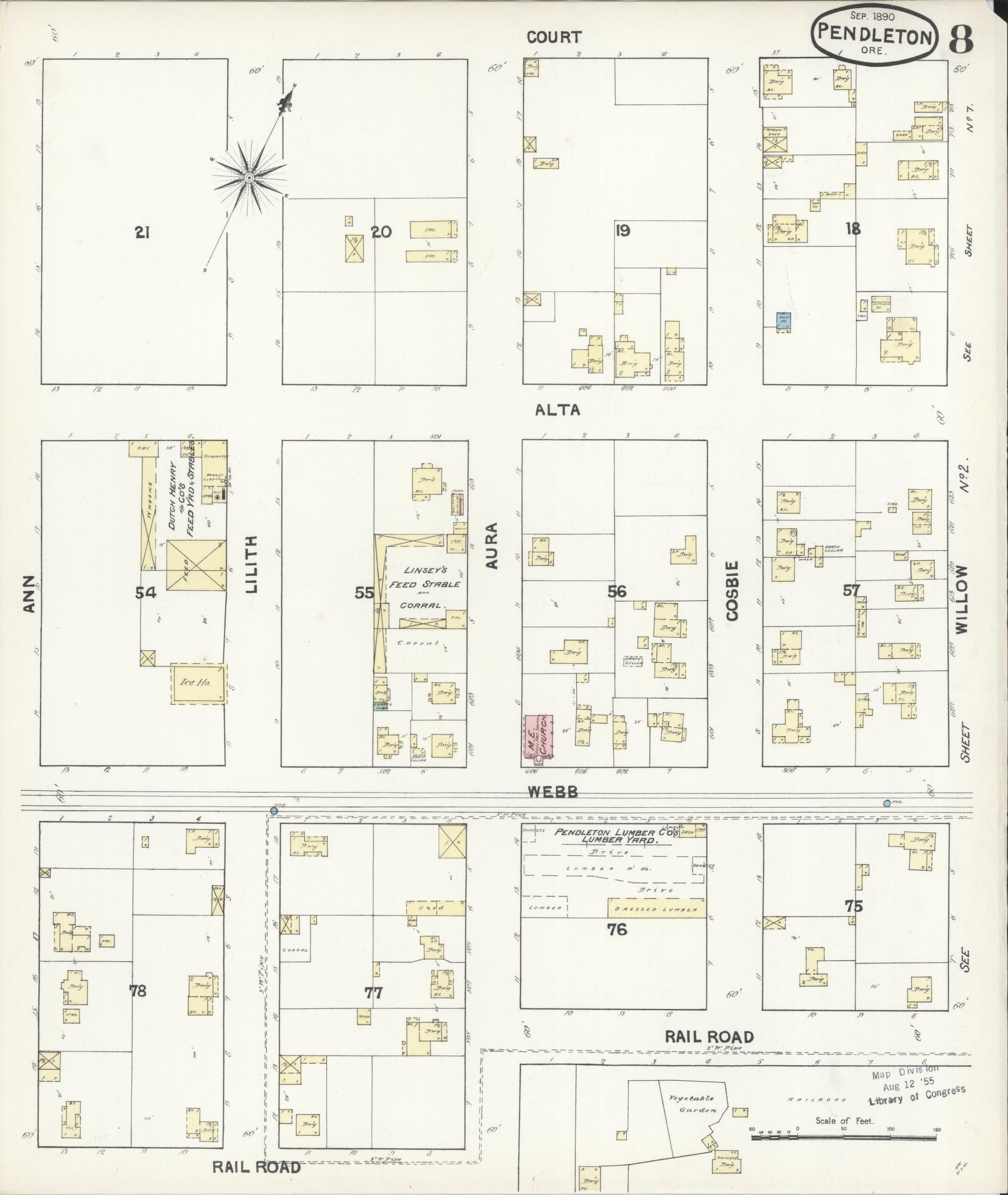 Sanborn Fire Insurance Map from Pendleton, Umatilla County, Oregon (1890), Sheet #0008 - Complete Map Set gallery image, historic Sanborn map, vintage wall art, Oregon Oregon
