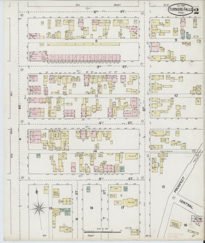 Sanborn Fire Insurance Map from Turners Falls, Franklin County, Massachusetts (1889), Sheet #0002 - Historic Sanborn Fire Insurance Map Print, vintage old map wall art, antique decor, genealogy gift, Massachusetts Massachusetts map