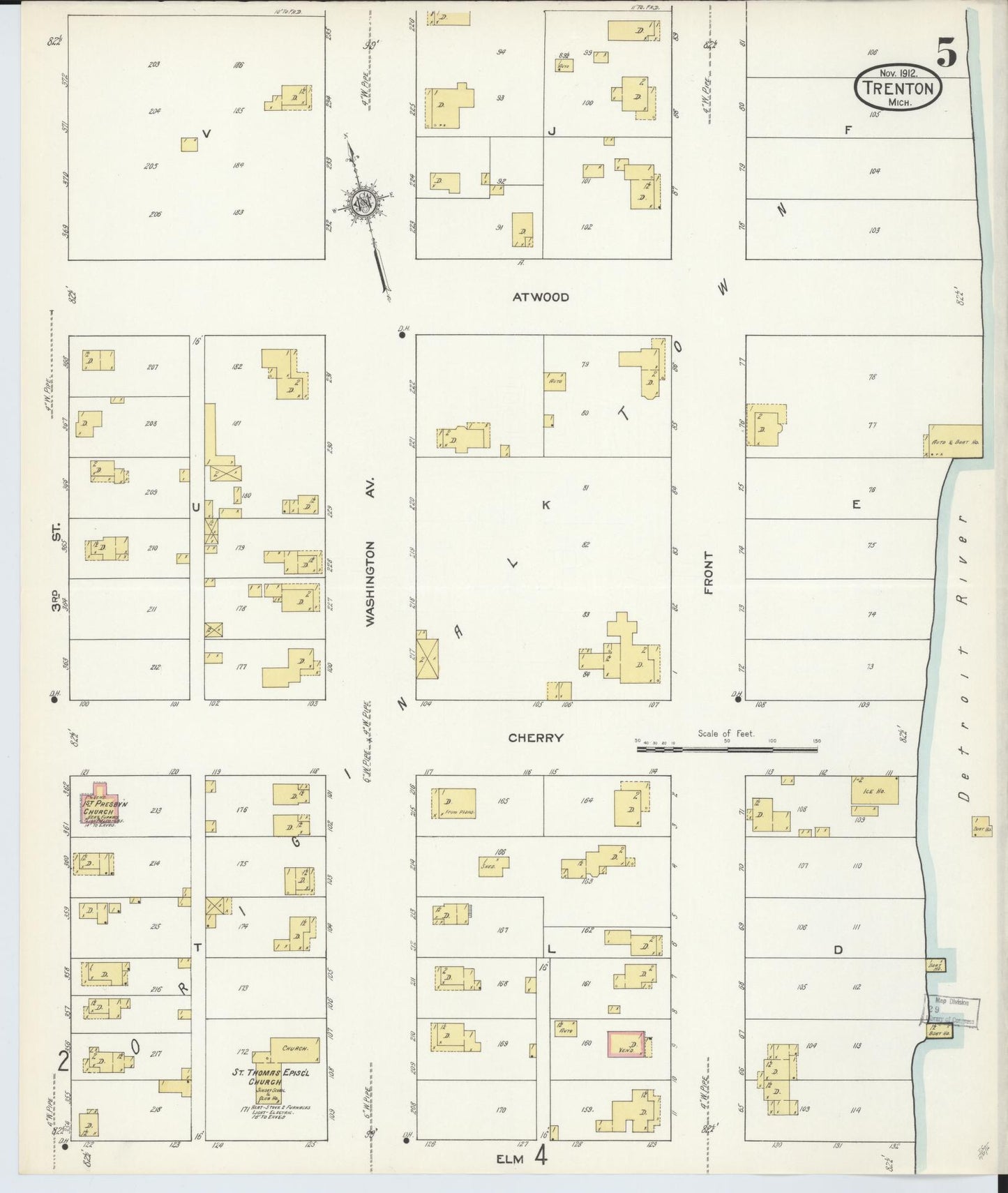 Sanborn Fire Insurance Map from Trenton, Wayne County, Michigan (1912), Sheet #0005 - Historic Sanborn Fire Insurance Map Print, vintage old map wall art, antique decor, genealogy gift, Michigan Michigan map