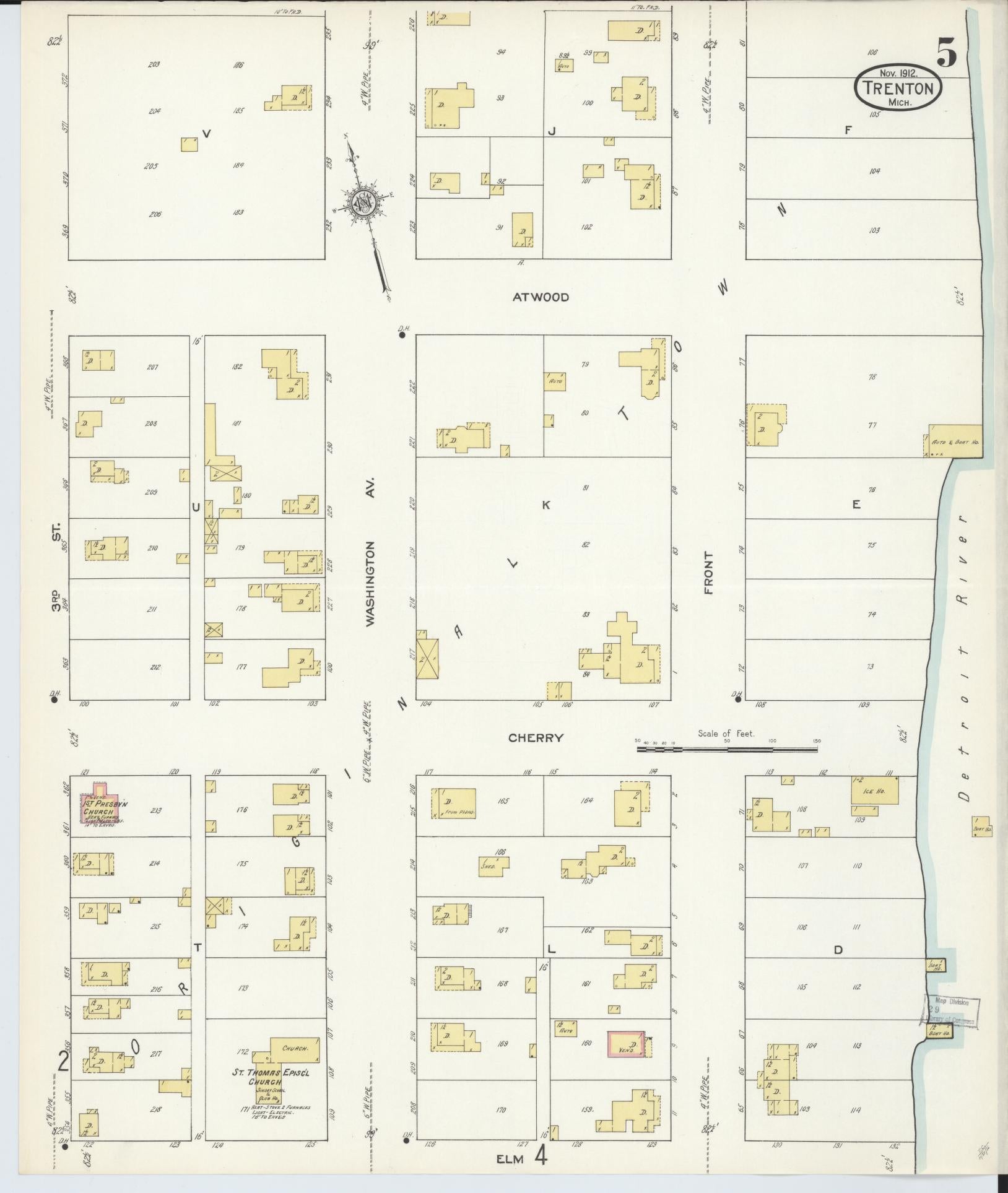Sanborn Fire Insurance Map from Trenton, Wayne County, Michigan (1912), Sheet #0005 - Historic Sanborn Fire Insurance Map Print, vintage old map wall art, antique decor, genealogy gift, Michigan Michigan map