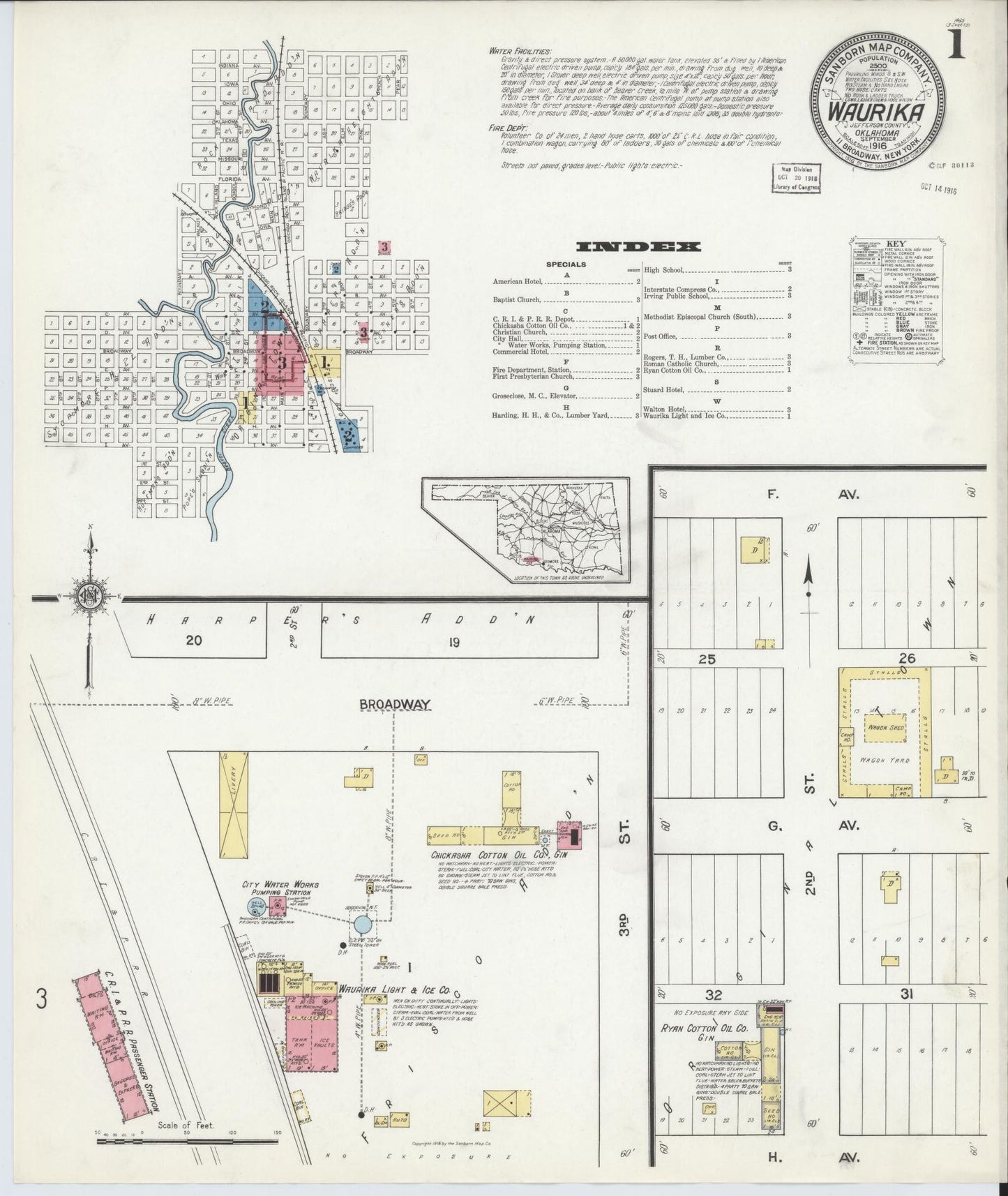 Sanborn Fire Insurance Map from Waurika, Jefferson County, Oklahoma (1916), Sheet #0001 - Complete Map Set gallery image, historic Sanborn map, vintage wall art, Oklahoma Oklahoma