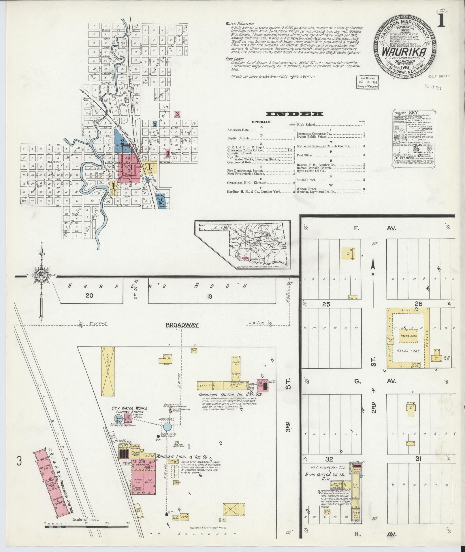 Sanborn Fire Insurance Map from Waurika, Jefferson County, Oklahoma (1916), Sheet #0001 - Complete Map Set gallery image, historic Sanborn map, vintage wall art, Oklahoma Oklahoma
