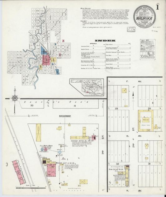 Sanborn Fire Insurance Map from Waurika, Jefferson County, Oklahoma (1916), Sheet #0001 - Complete Map Set gallery image, historic Sanborn map, vintage wall art, Oklahoma Oklahoma