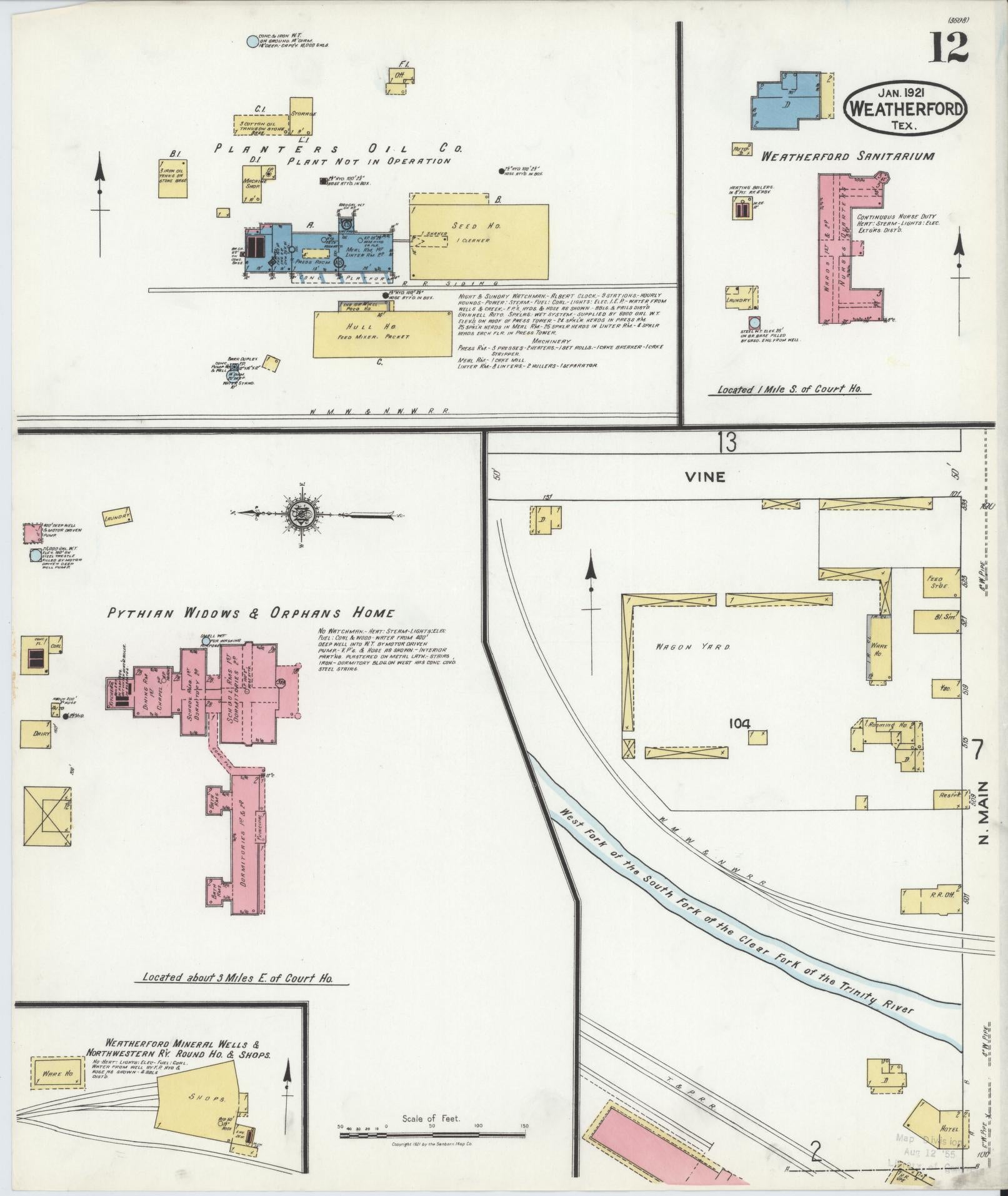 Sanborn Fire Insurance Map from Weatherford, Parker County, Texas (1921), Sheet #0012 - Historic Sanborn Fire Insurance Map Print, vintage old map wall art, antique decor, genealogy gift, Texas Texas map