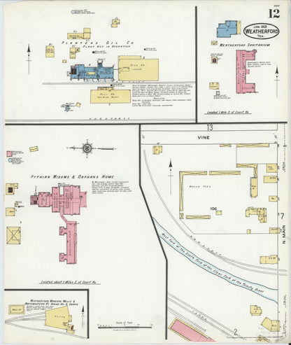 Sanborn Fire Insurance Map from Weatherford, Parker County, Texas (1921), Sheet #0012 - Historic Sanborn Fire Insurance Map Print, vintage old map wall art, antique decor, genealogy gift, Texas Texas map