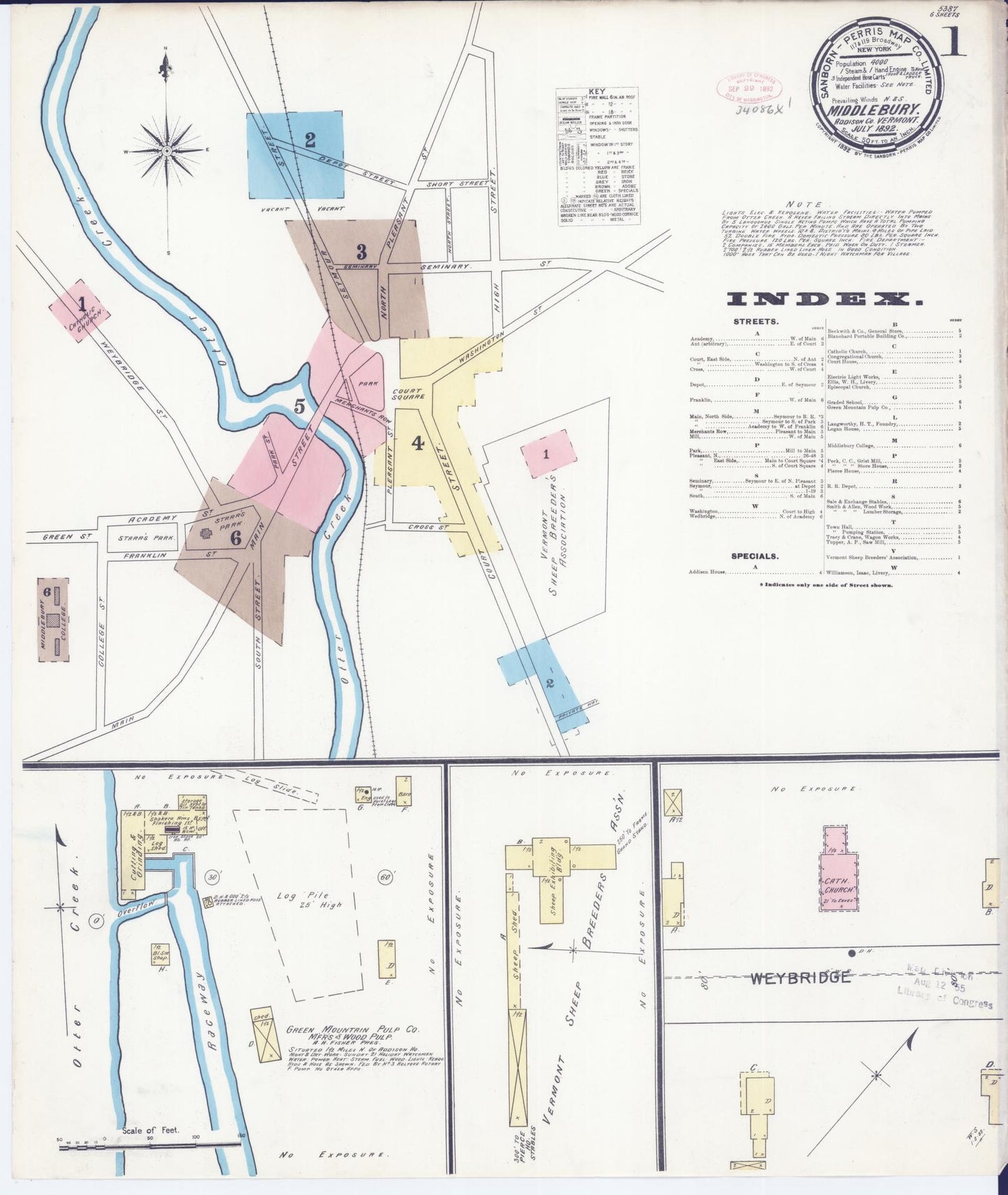 Sanborn Fire Insurance Map from Middlebury, Addison County, Vermont (1892), Sheet #0001 - Complete Map Set gallery image, historic Sanborn map, vintage wall art, Vermont Vermont