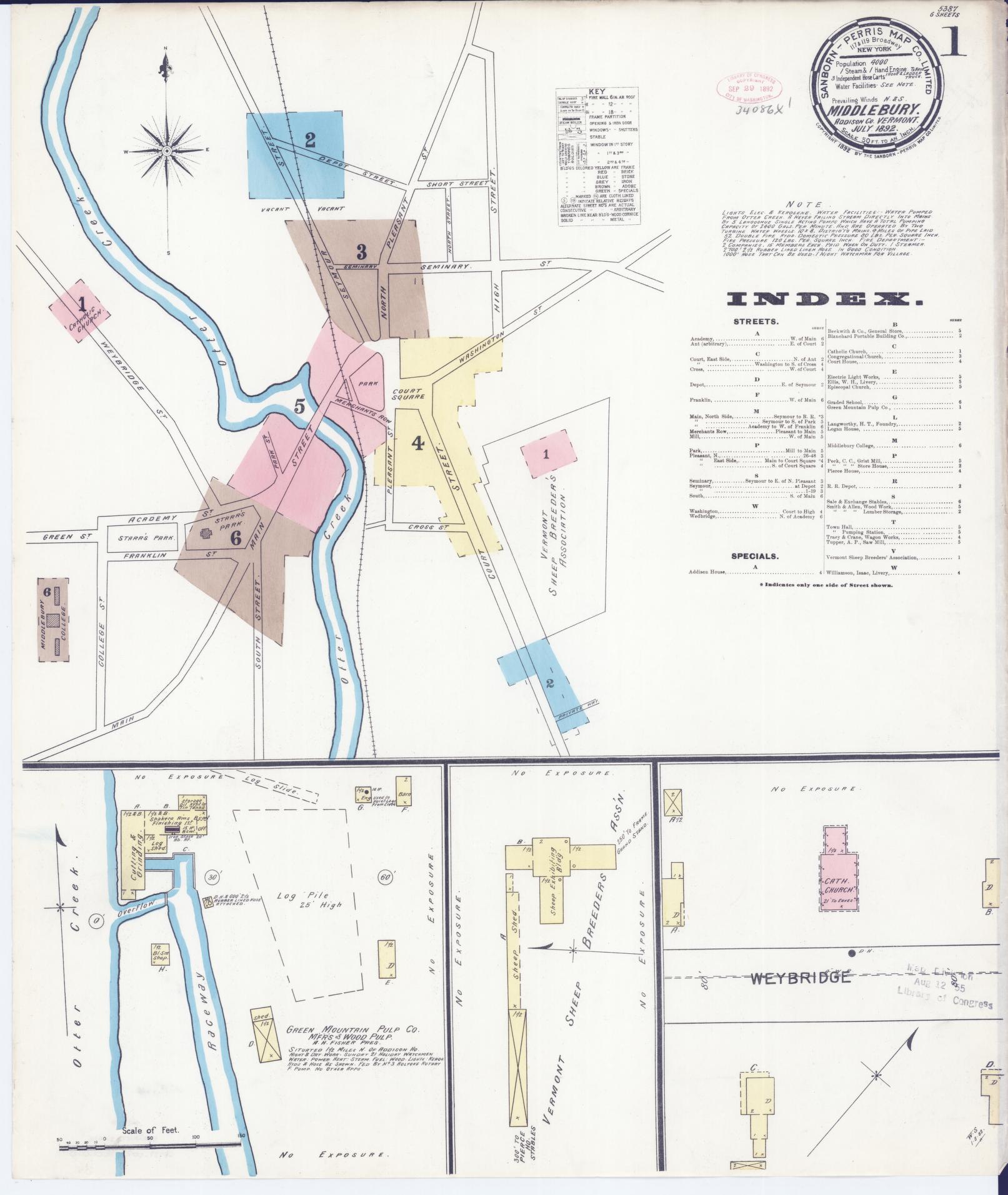 Sanborn Fire Insurance Map from Middlebury, Addison County, Vermont (1892), Sheet #0001 - Complete Map Set gallery image, historic Sanborn map, vintage wall art, Vermont Vermont