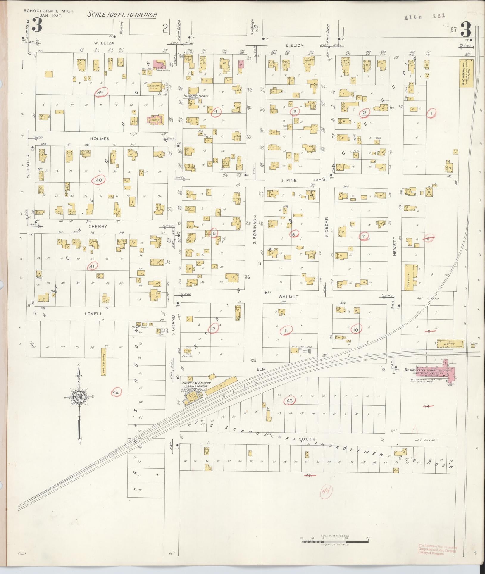 Sanborn Fire Insurance Map from Schoolcraft, Kalamazoo County, Michigan (1937), Sheet #0003 - Complete Map Set gallery image, historic Sanborn map, vintage wall art, Michigan Michigan