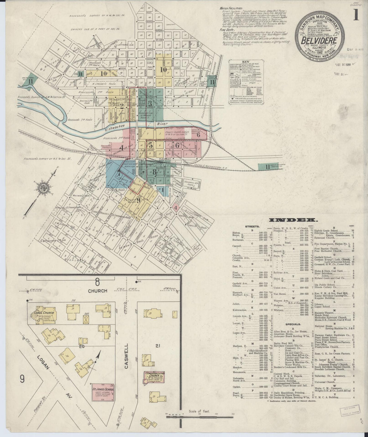 Sanborn Fire Insurance Map from Belvidere, Boone County, Illinois (1912), Sheet #0001 - Complete Map Set gallery image, historic Sanborn map, vintage wall art, Illinois Illinois