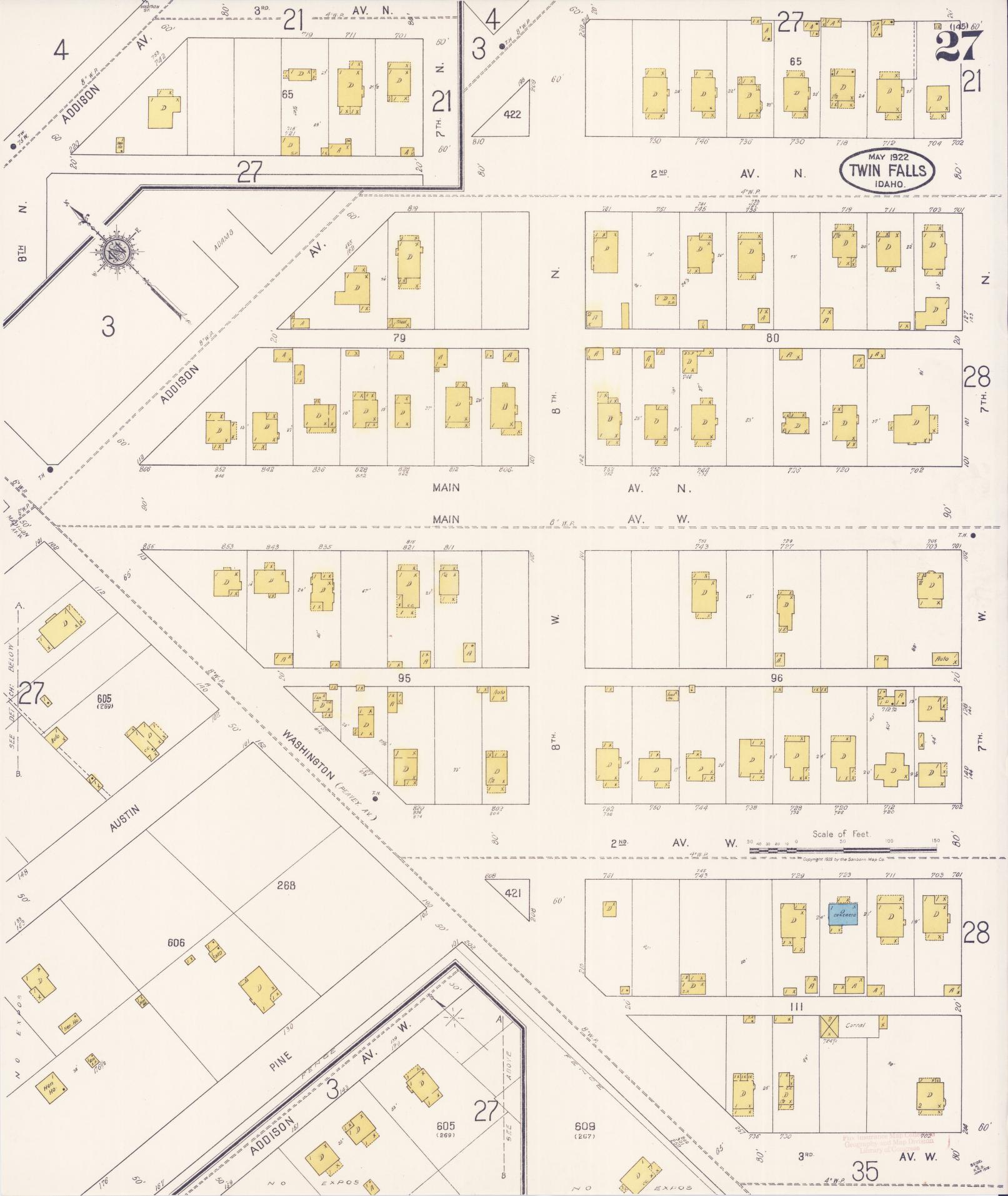 Sanborn Fire Insurance Map from Twin Falls, Twin Falls County, Idaho (1922), Sheet #0027 - Historic Sanborn Fire Insurance Map Print, vintage old map wall art, antique decor, genealogy gift, Falls Idaho map