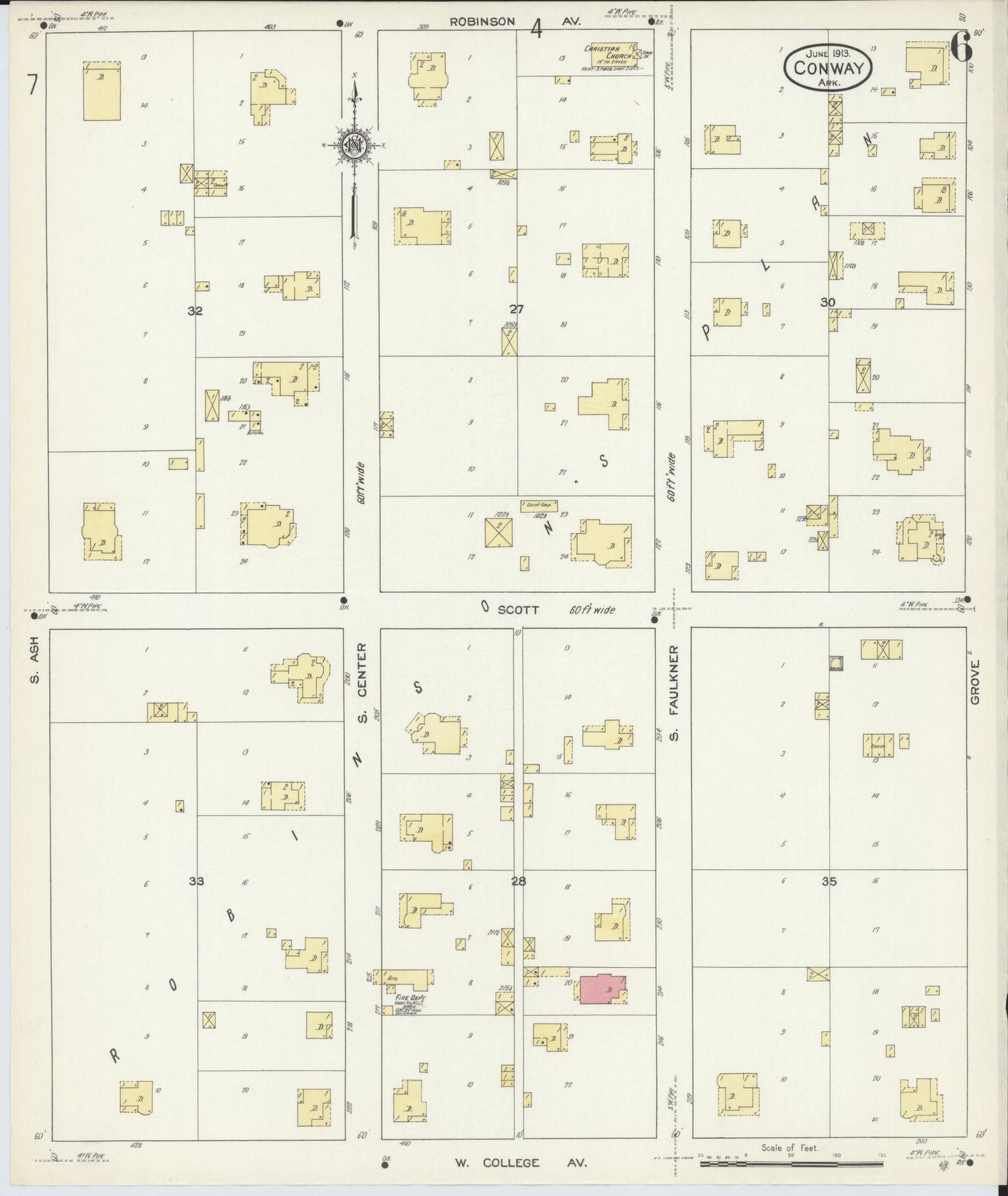 Sanborn Fire Insurance Map from Conway, Faulkner County, Arkansas (1913), Sheet #0006 - Complete Map Set gallery image, historic Sanborn map, vintage wall art, Arkansas Arkansas