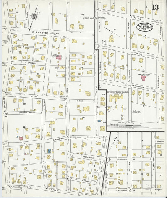 Sanborn Fire Insurance Map from Palestine, Anderson County, Texas (1919), Sheet #0013 - Historic Sanborn Fire Insurance Map Print, vintage old map wall art, antique decor, genealogy gift, Texas Texas map