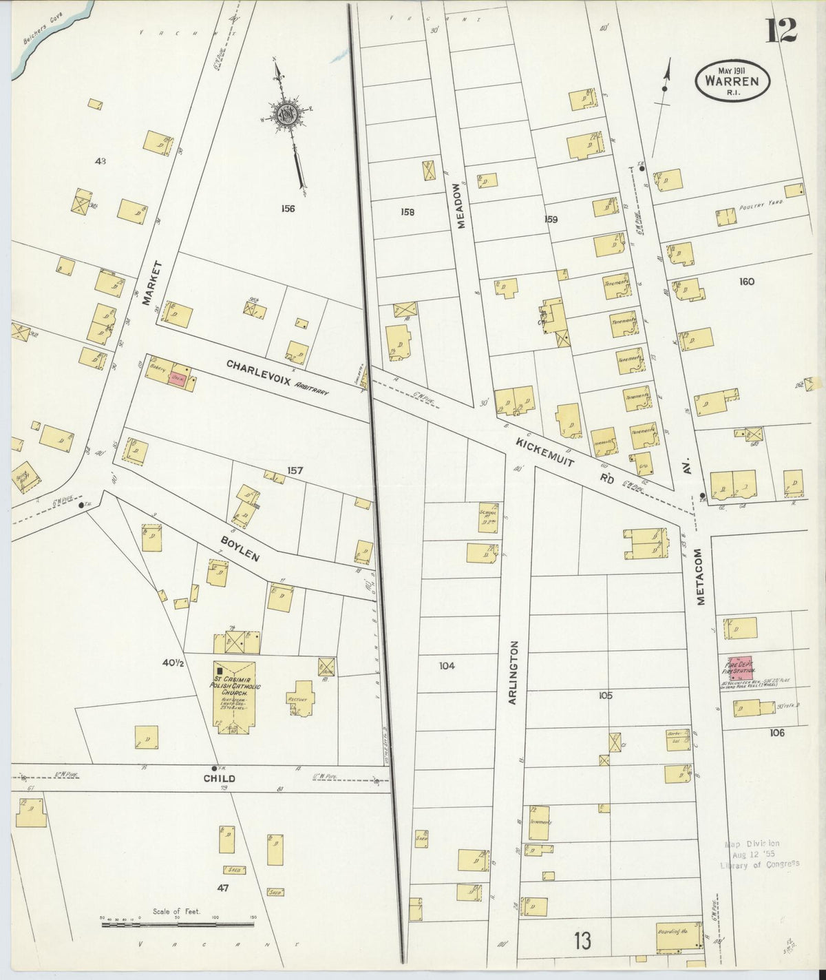 Sanborn Fire Insurance Map from Warren, Bristol County, Rhode Island (1911), Sheet #0012 - Complete Map Set gallery image, historic Sanborn map, vintage wall art, Rhode Island Rhode Island