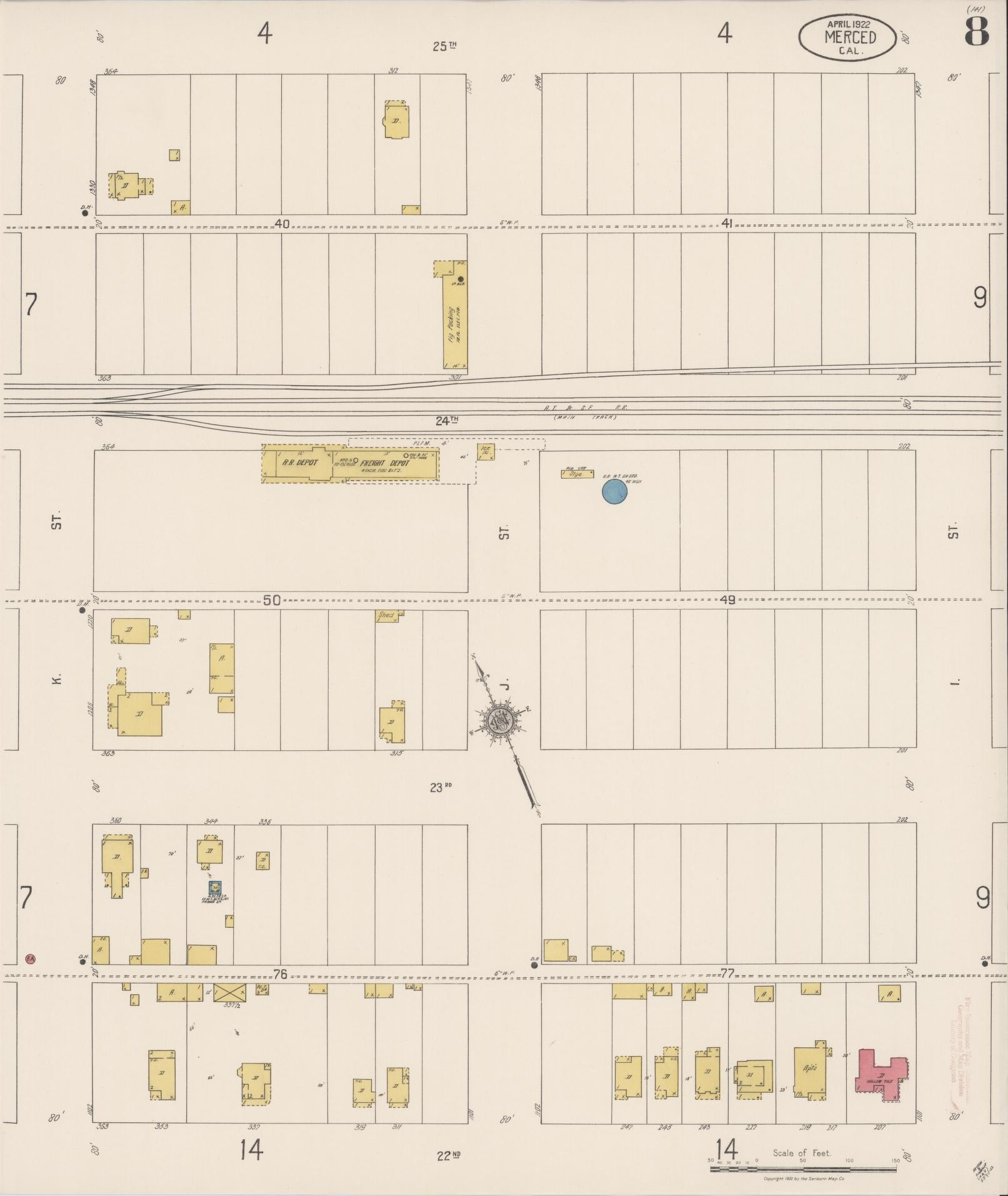 Sanborn Fire Insurance Map from Merced, Merced County, California (1922), Sheet #0008 - Historic Sanborn Fire Insurance Map Print, vintage old map wall art, antique decor, genealogy gift, California California map