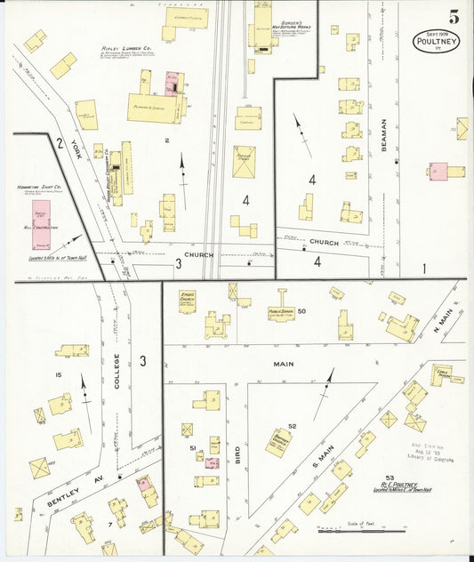 Sanborn Fire Insurance Map from Poultney, Rutland County, Vermont (1909), Sheet #0005 - Historic Sanborn Fire Insurance Map Print, vintage old map wall art, antique decor, genealogy gift, Vermont Vermont map
