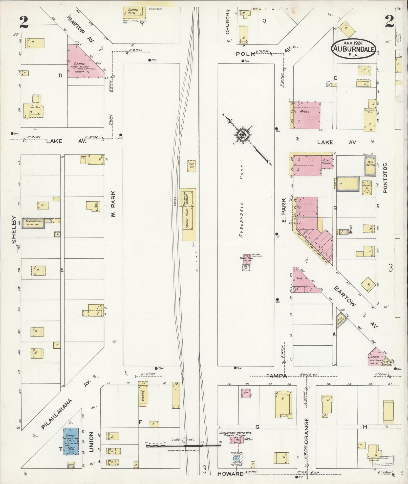 Sanborn Fire Insurance Map from Auburndale, Polk County, Florida (1924), Sheet #0002 - Historic Sanborn Fire Insurance Map Print, vintage old map wall art, antique decor, genealogy gift, Florida Florida map