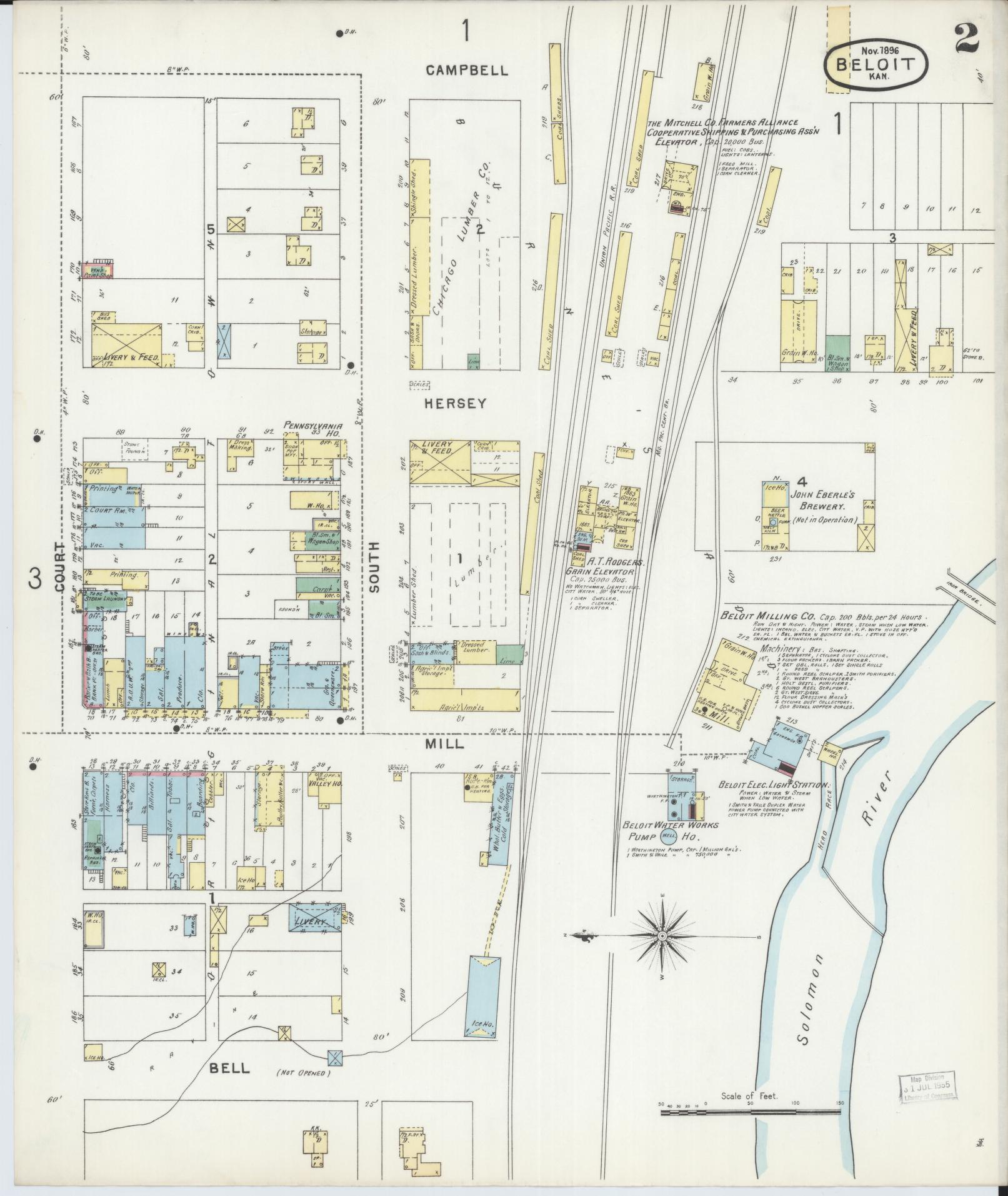 Sanborn Fire Insurance Map from Beloit, Mitchell County, Kansas (1896), Sheet #0002 - Historic Sanborn Fire Insurance Map Print, vintage old map wall art, antique decor, genealogy gift, Kansas Kansas map