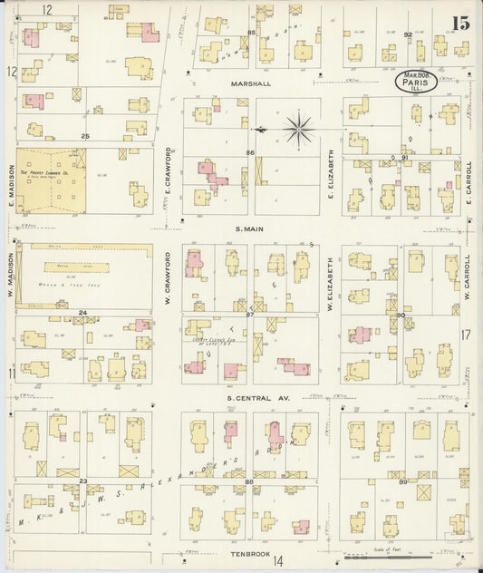 Sanborn Fire Insurance Map from Paris, Edgar County, Illinois (1908), Sheet #0015 - Historic Sanborn Fire Insurance Map Print, vintage old map wall art, antique decor, genealogy gift, Illinois Illinois map