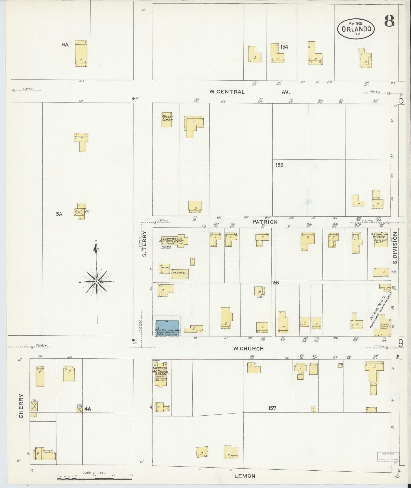 Sanborn Fire Insurance Map from Orlando, Orange County, Florida (1908), Sheet #0008 - Historic Sanborn Fire Insurance Map Print, vintage old map wall art, antique decor, genealogy gift, Florida Florida map