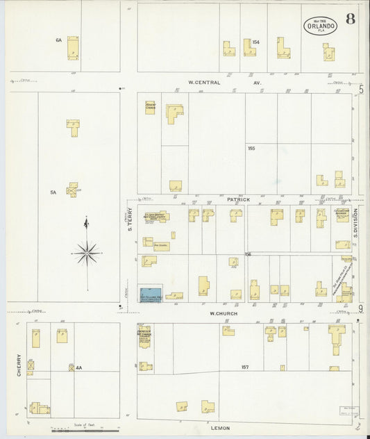 Sanborn Fire Insurance Map from Orlando, Orange County, Florida (1908), Sheet #0008 - Historic Sanborn Fire Insurance Map Print, vintage old map wall art, antique decor, genealogy gift, Florida Florida map
