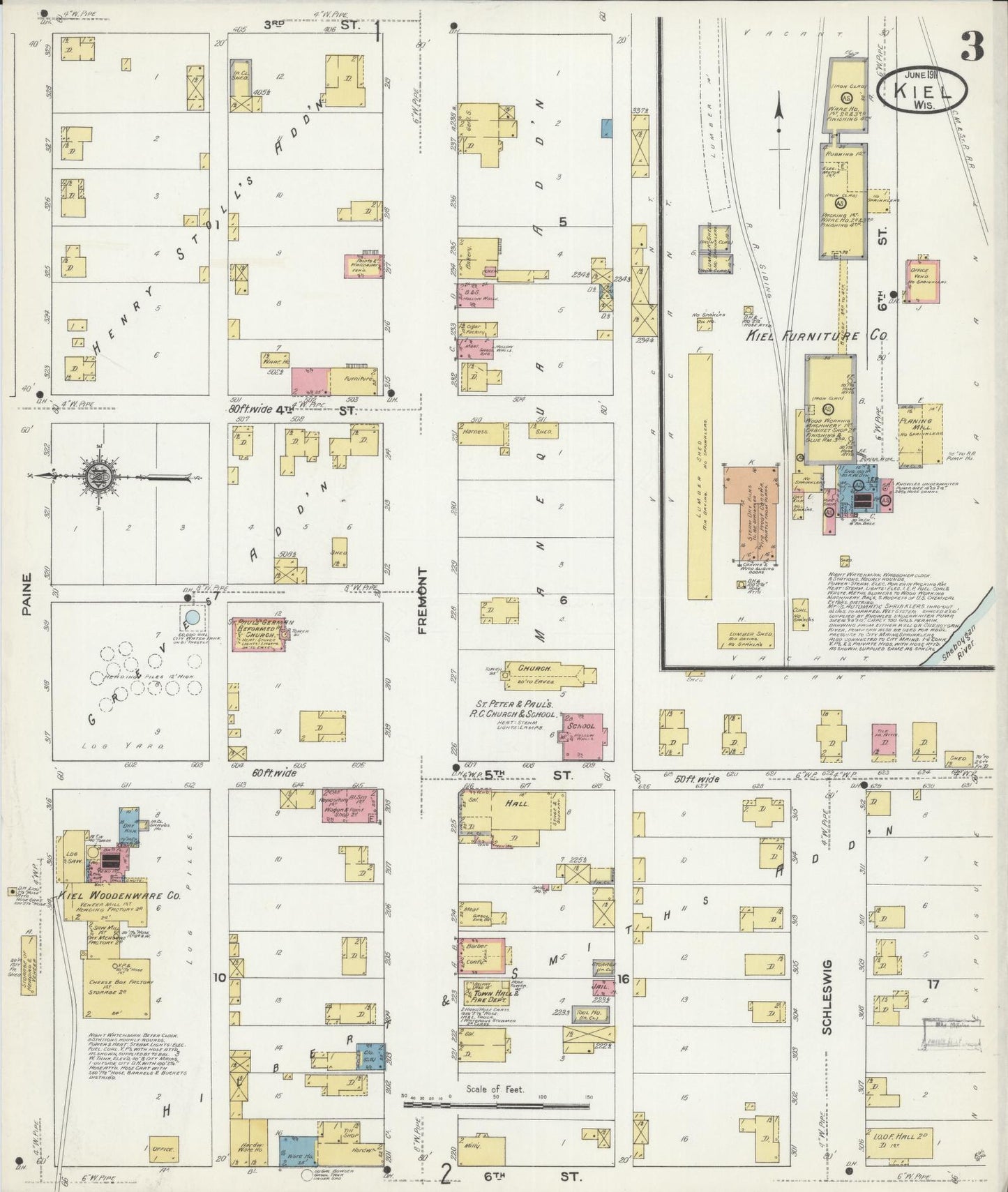 Sanborn Fire Insurance Map from Kiel, Manitowoc and Calumet Counties, Wisconsin (1911), Sheet #0003 - Historic Sanborn Fire Insurance Map Print, vintage old map wall art, antique decor, genealogy gift, Wisconsin Wisconsin map