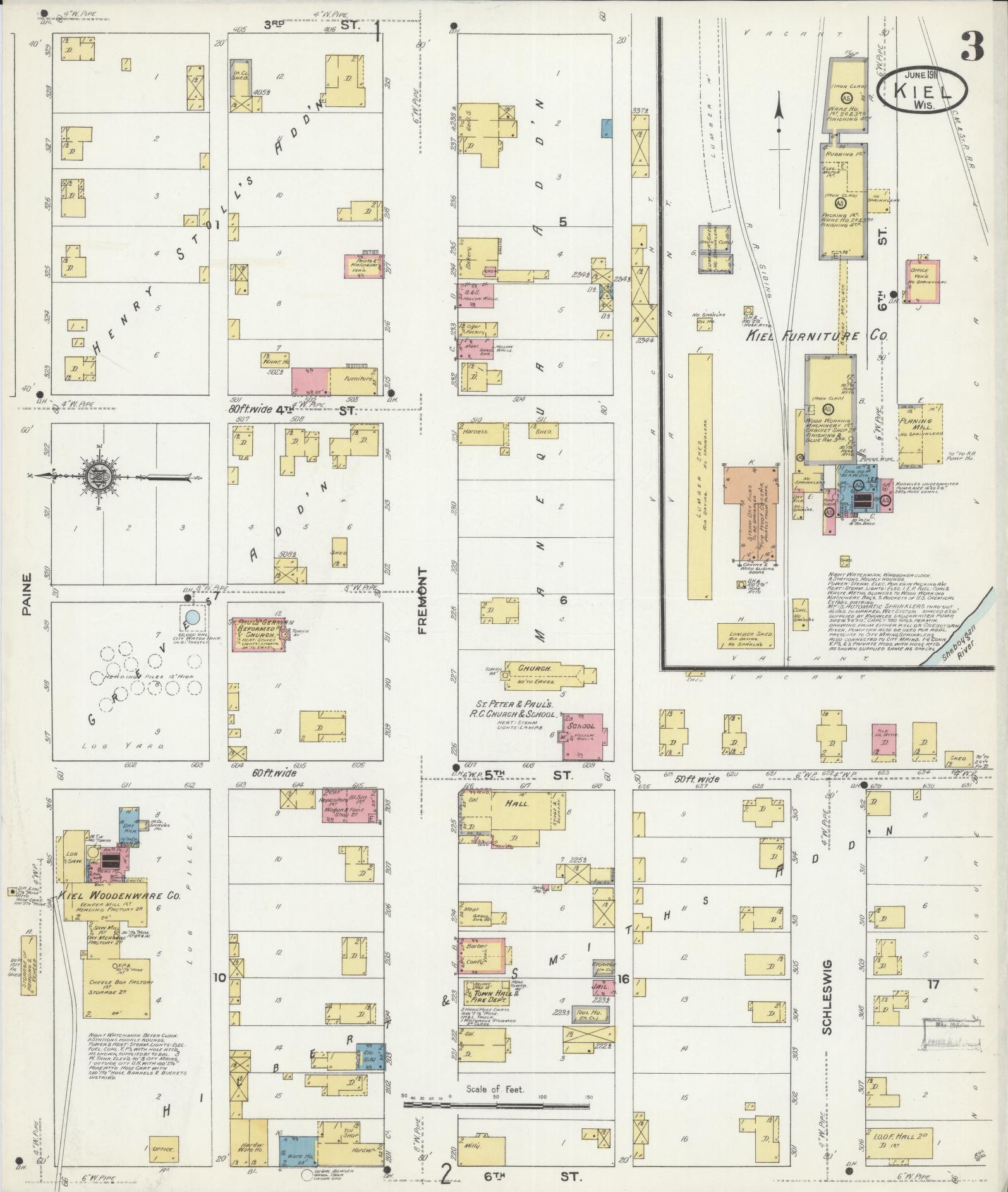 Sanborn Fire Insurance Map from Kiel, Manitowoc and Calumet Counties, Wisconsin (1911), Sheet #0003 - Historic Sanborn Fire Insurance Map Print, vintage old map wall art, antique decor, genealogy gift, Wisconsin Wisconsin map