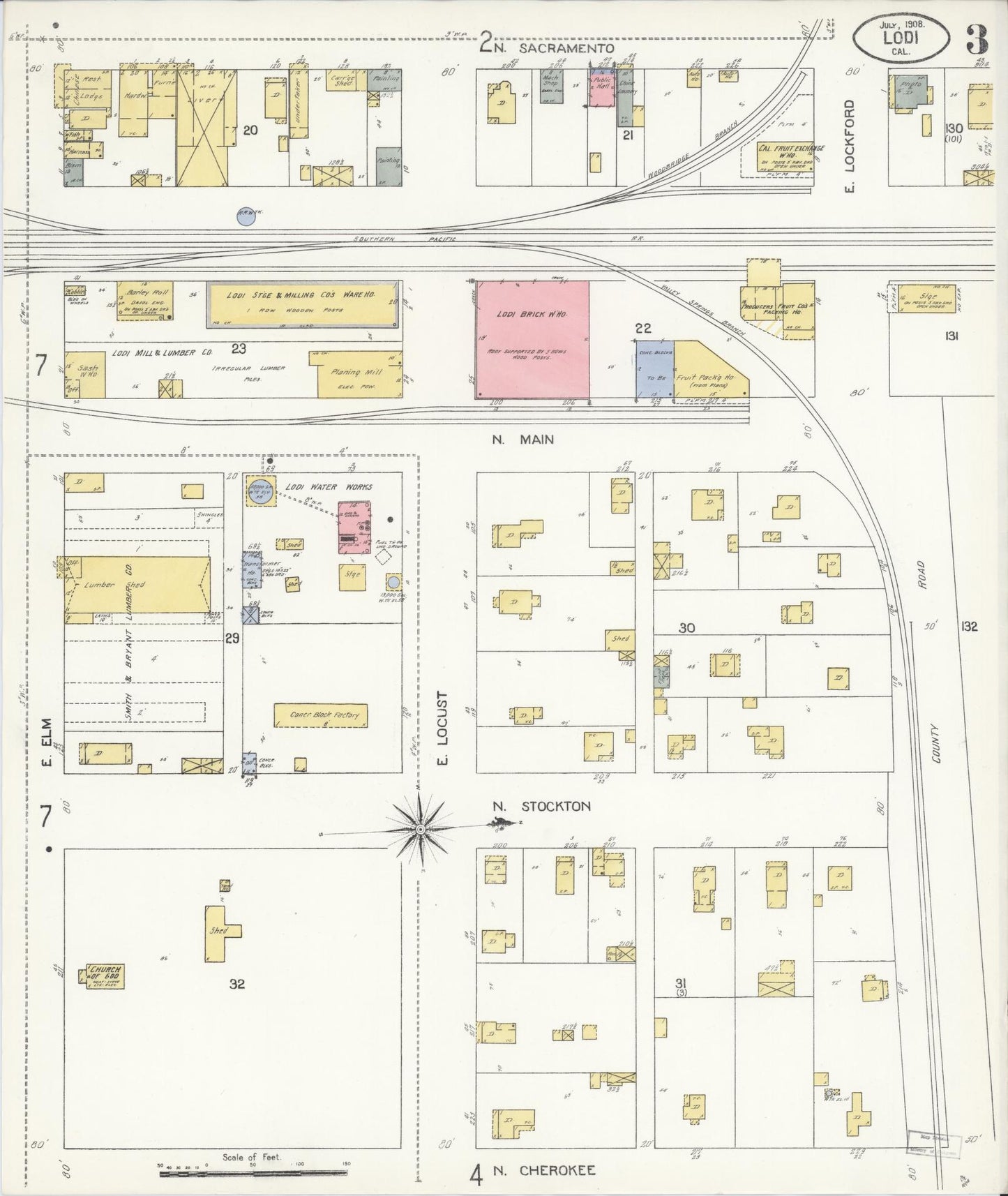 Sanborn Fire Insurance Map from Lodi, San Joaquin County, California (1908), Sheet #0003 - Historic Sanborn Fire Insurance Map Print, vintage old map wall art, antique decor, genealogy gift, California California map