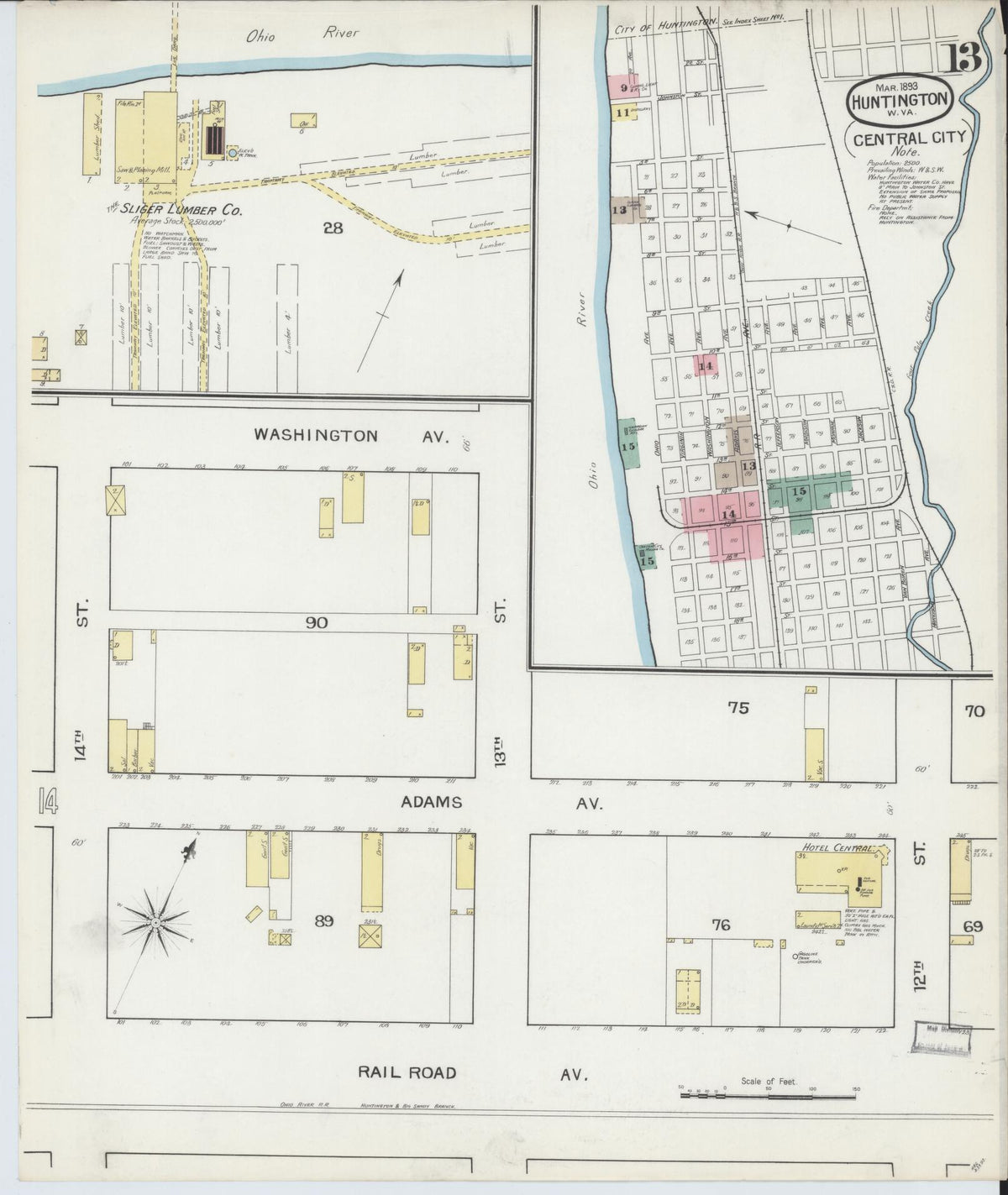 Sanborn Fire Insurance Map from Huntington, Cabell County, West Virginia (1893), Sheet #0013 - Historic Sanborn Fire Insurance Map Print, vintage old map wall art, antique decor, genealogy gift, West Virginia West Virginia map