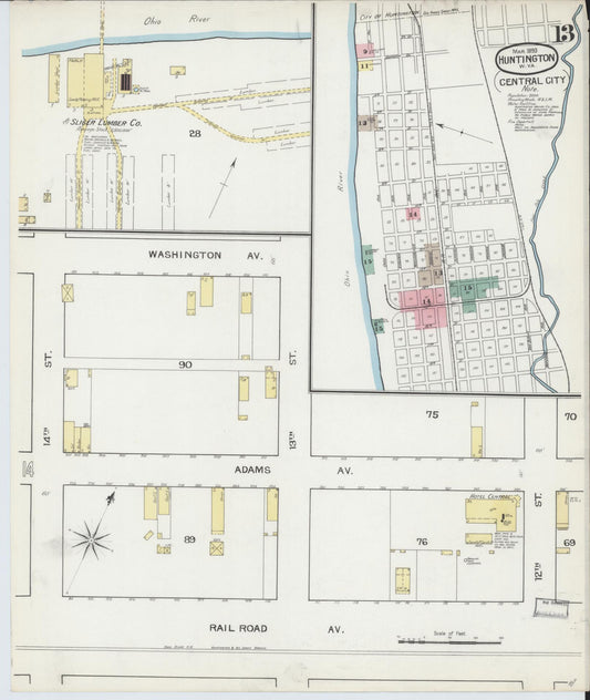 Sanborn Fire Insurance Map from Huntington, Cabell County, West Virginia (1893), Sheet #0013 - Historic Sanborn Fire Insurance Map Print, vintage old map wall art, antique decor, genealogy gift, West Virginia West Virginia map