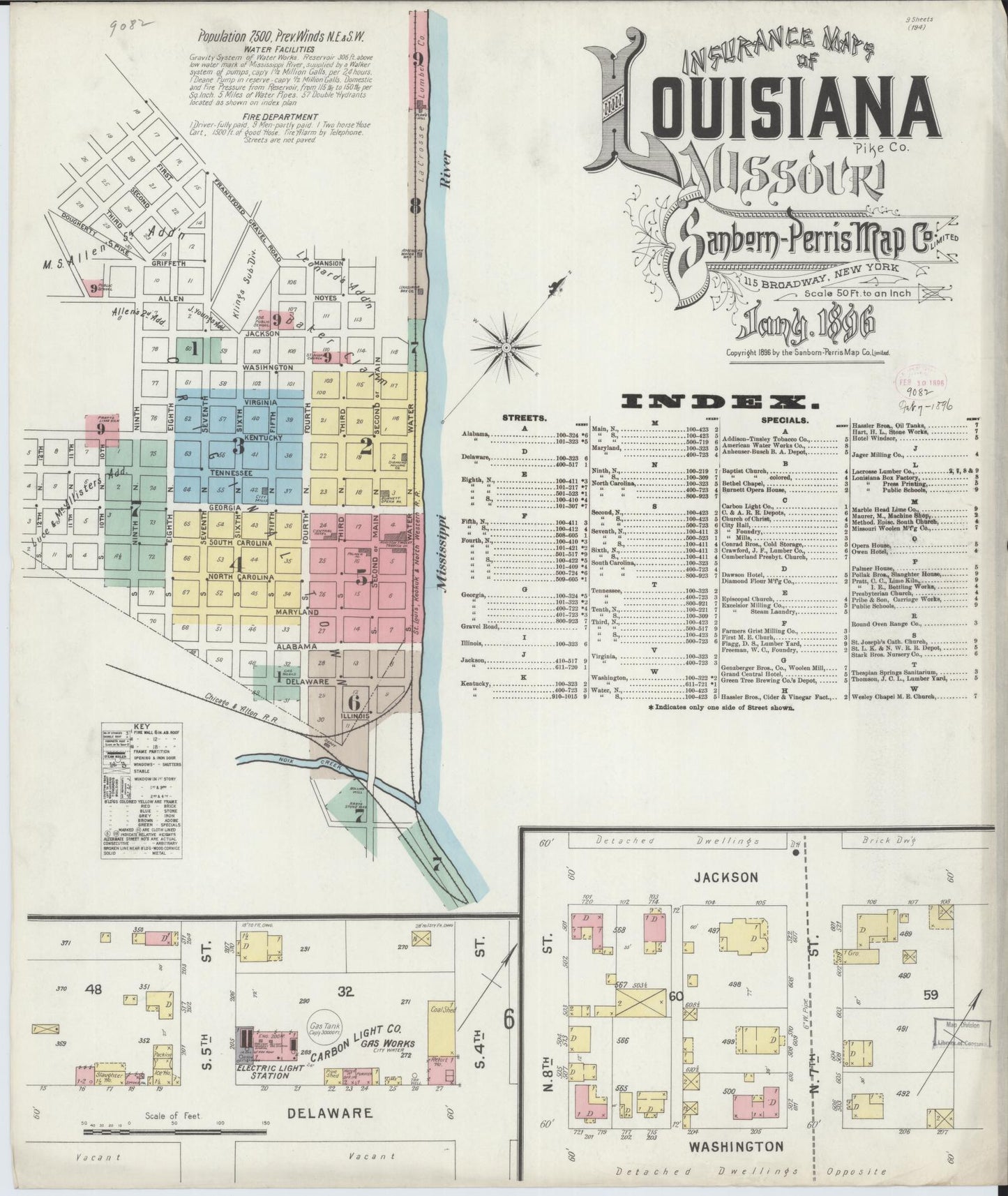 Sanborn Fire Insurance Map from Louisiana, Pike County, Missouri (1896), Sheet #0001 - Complete Map Set gallery image, historic Sanborn map, vintage wall art, Missouri Missouri