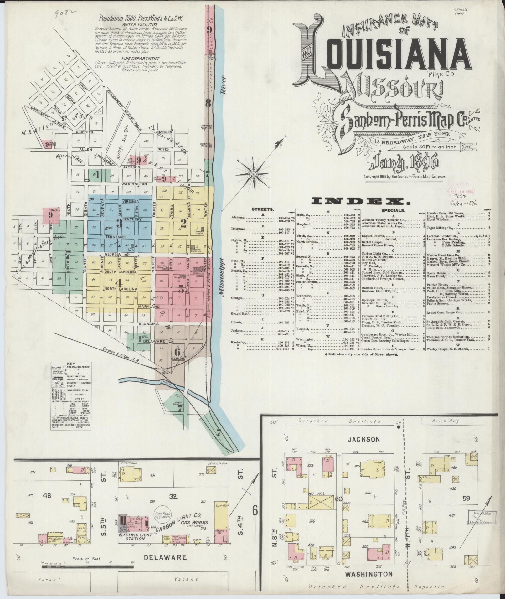 Sanborn Fire Insurance Map from Louisiana, Pike County, Missouri (1896), Sheet #0001 - Complete Map Set gallery image, historic Sanborn map, vintage wall art, Missouri Missouri
