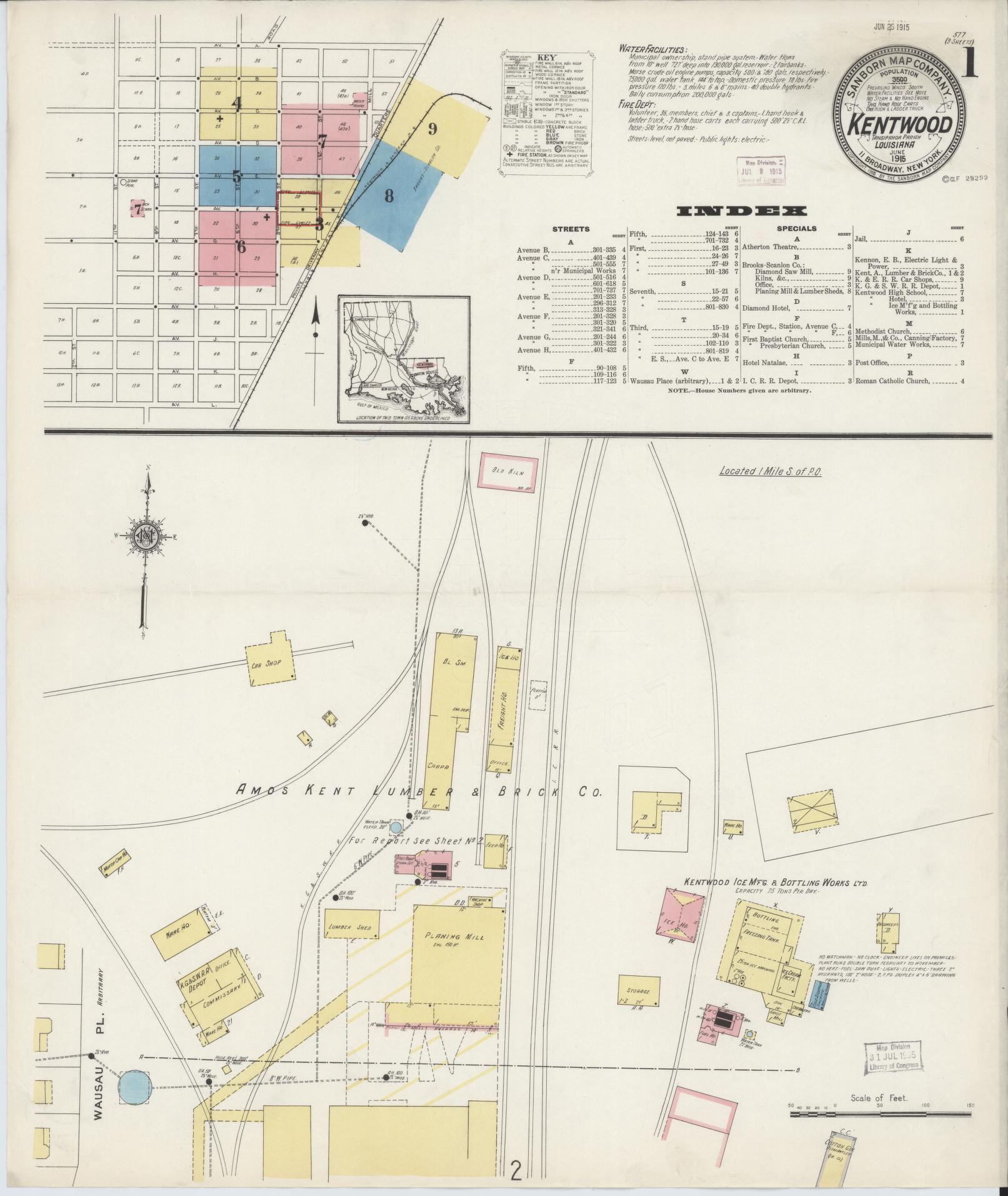 Sanborn Fire Insurance Map from Kentwood, Tangipahoa Parish, Louisiana (1915), Sheet #0001 - Historic Sanborn Fire Insurance Map Print, vintage old map wall art, antique decor, genealogy gift, Louisiana Louisiana map