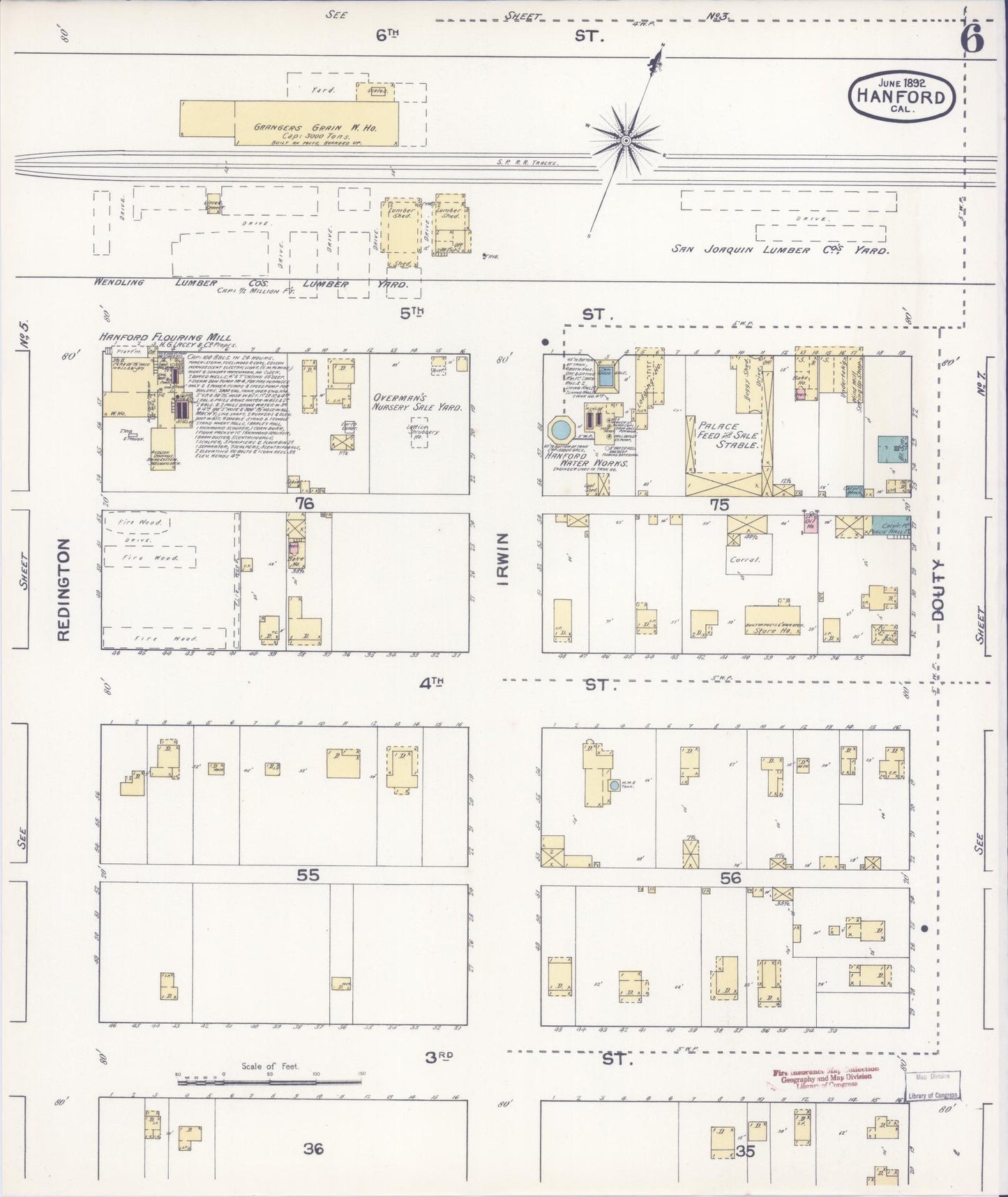 Sanborn Fire Insurance Map from Hanford, Kings County, California (1892), Sheet #0006 - Historic Sanborn Fire Insurance Map Print, vintage old map wall art, antique decor, genealogy gift, California California map
