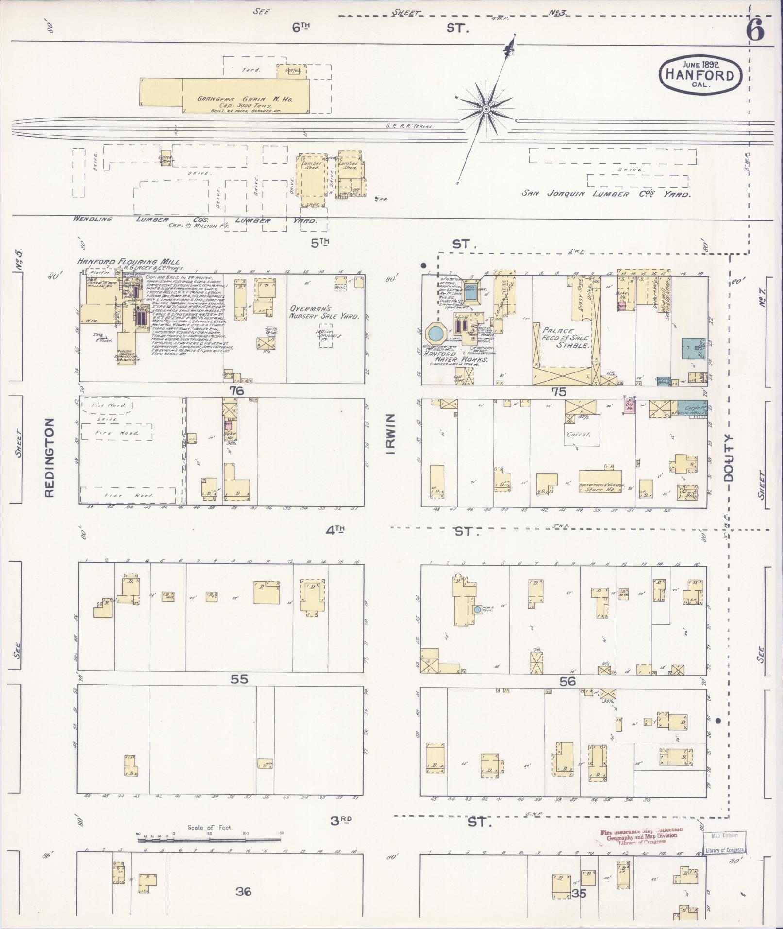 Sanborn Fire Insurance Map from Hanford, Kings County, California (1892), Sheet #0006 - Historic Sanborn Fire Insurance Map Print, vintage old map wall art, antique decor, genealogy gift, California California map