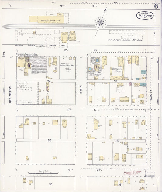 Sanborn Fire Insurance Map from Hanford, Kings County, California (1892), Sheet #0006 - Historic Sanborn Fire Insurance Map Print, vintage old map wall art, antique decor, genealogy gift, California California map