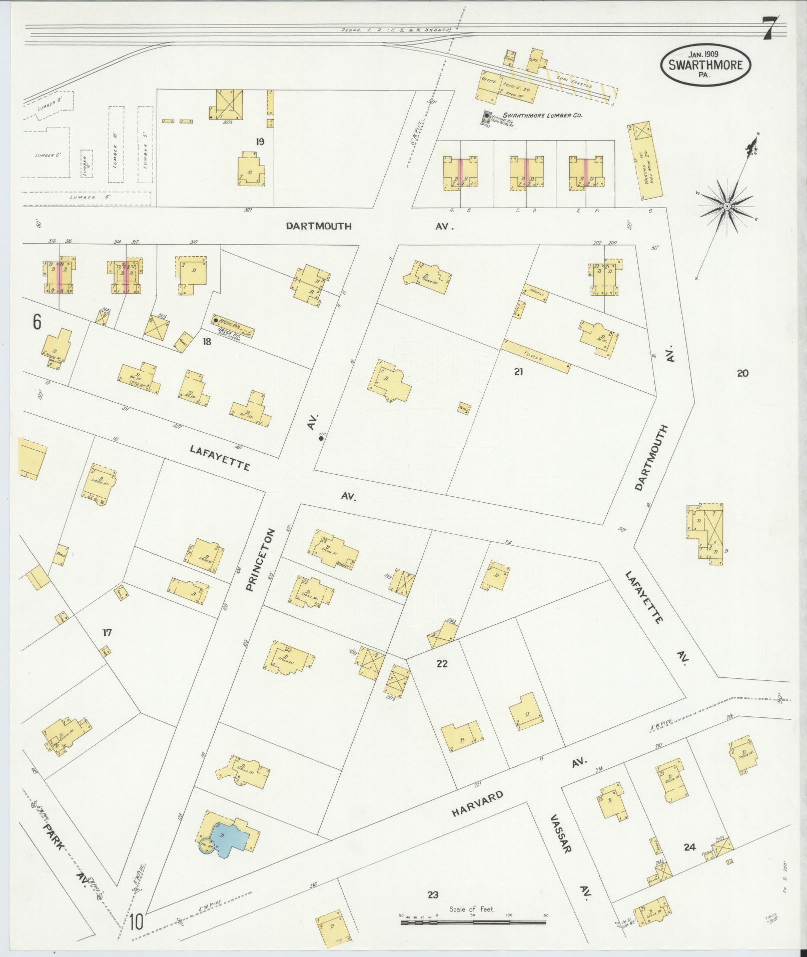Sanborn Fire Insurance Map from Swarthmore, Delaware County, Pennsylvania (1909), Sheet #0007 - Complete Map Set gallery image, historic Sanborn map, vintage wall art, Swarthmore Delaware
